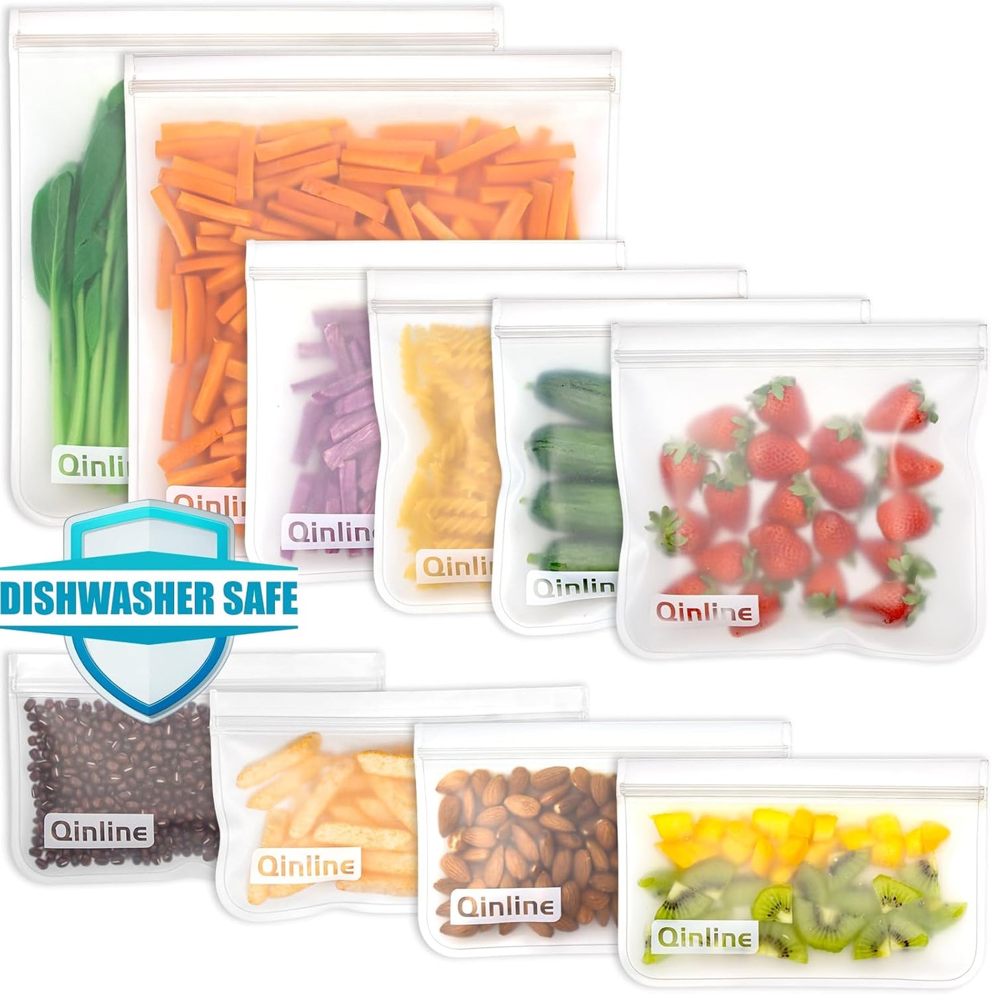Reusable Food Storage Bags - 10 Pack Freezer Bags, BPA Free Reusable Bags Silicone, EXTRA THICK Leakproof Reusable Lunch Bag for Salad Fruit Travel - 2 Gallon 4 Sandwich 4 Snack Bags