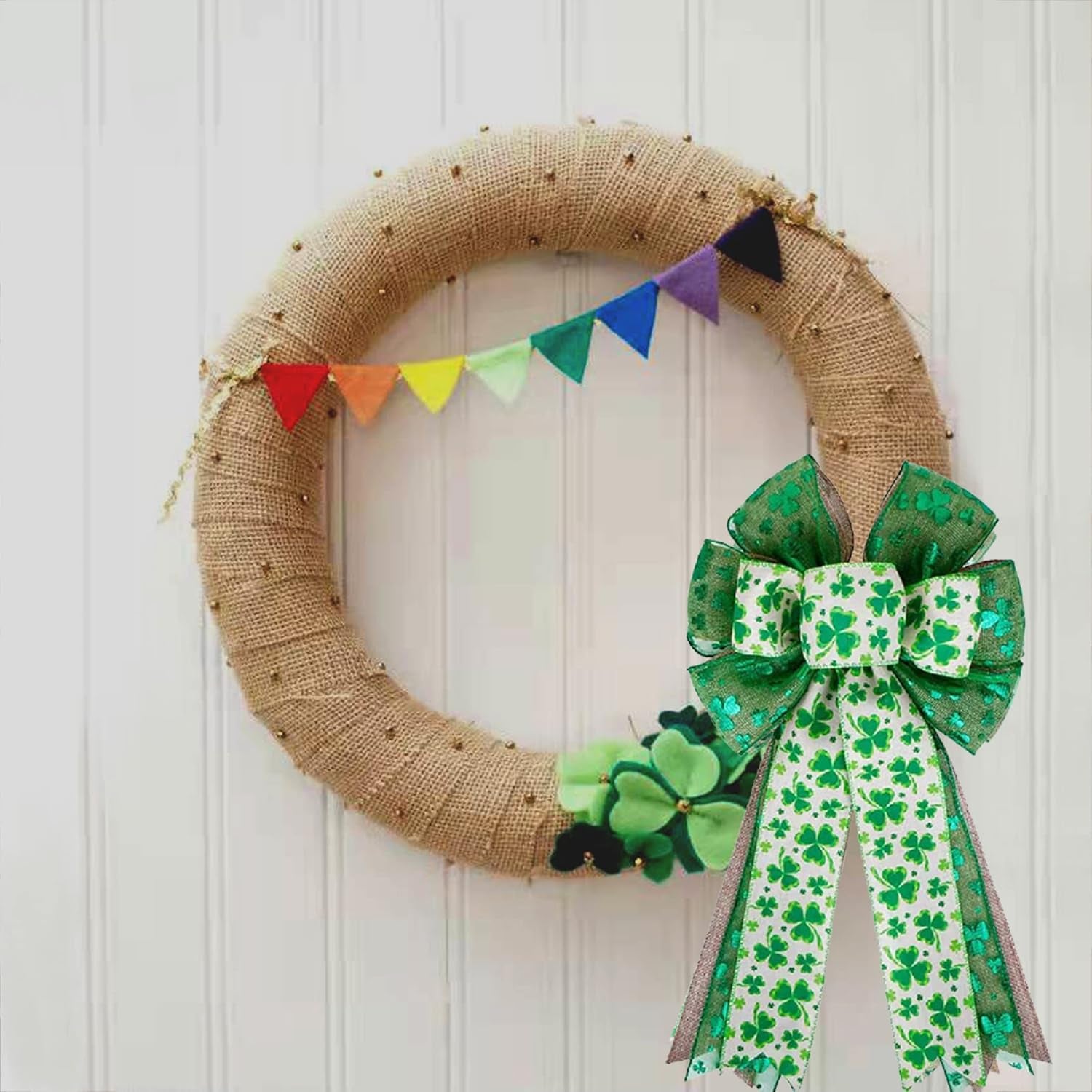 St Patricks Day Bow for Wreath Decorations,St Patricks Day Tree Topper Bows,Large Burlap White Green Glitter Shamrock Bowknot Irish Holiday Crafts Bows for Front Door Outdoor Outside