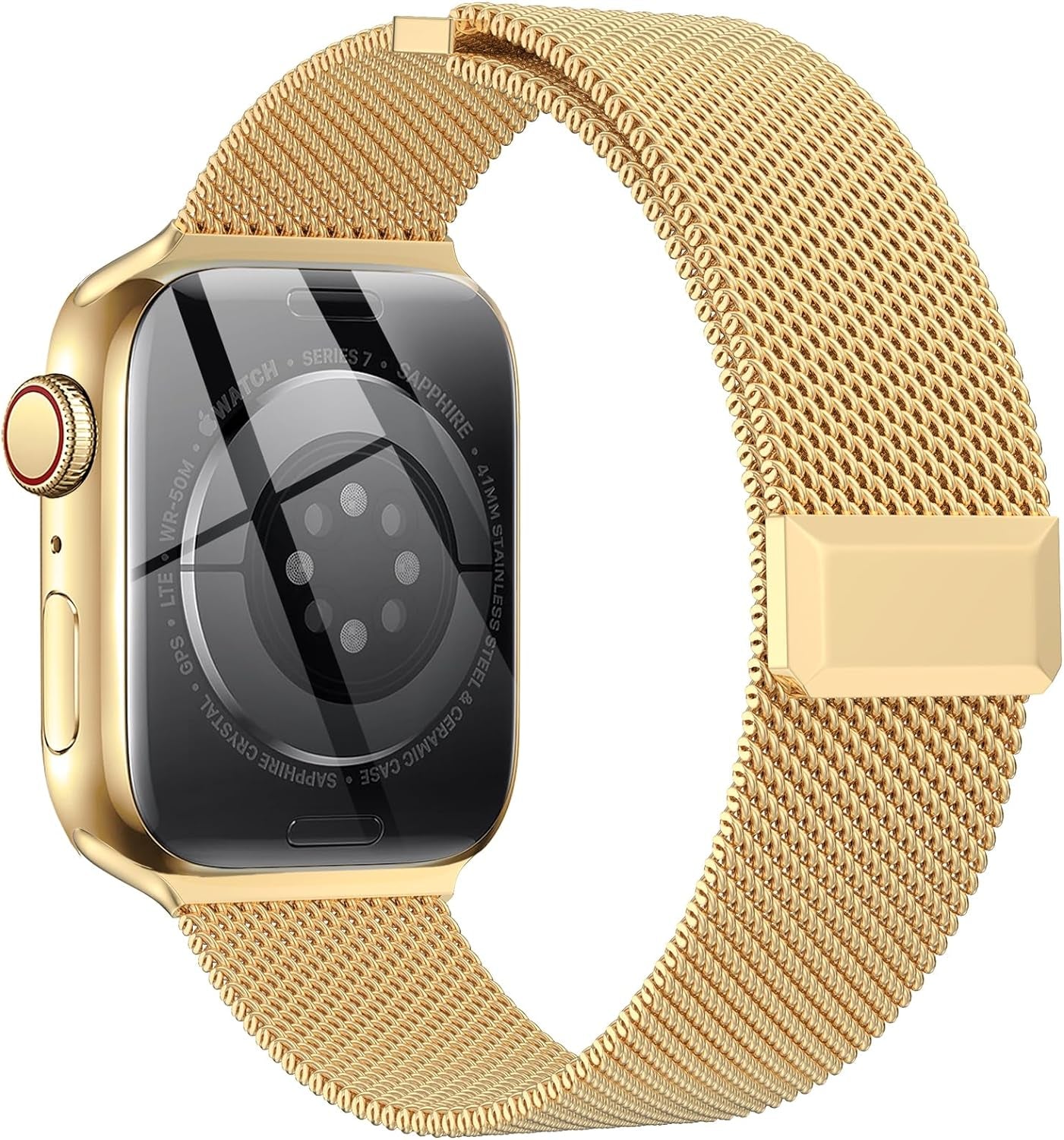 Compatible with Apple Watch Band 42Mm 44Mm 45Mm 38Mm 40Mm 41Mm,Stainless Steel Mesh Loop Magnetic Clasp Bands for Iwatch Series 9 8 SE 7 6 5 4 3 2 1 Women Men-41Mm/40Mm/38Mm Golden