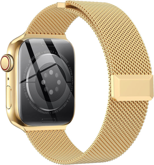 Compatible with Apple Watch Band 42Mm 44Mm 45Mm 38Mm 40Mm 41Mm,Stainless Steel Mesh Loop Magnetic Clasp Bands for Iwatch Series 9 8 SE 7 6 5 4 3 2 1 Women Men-41Mm/40Mm/38Mm Golden