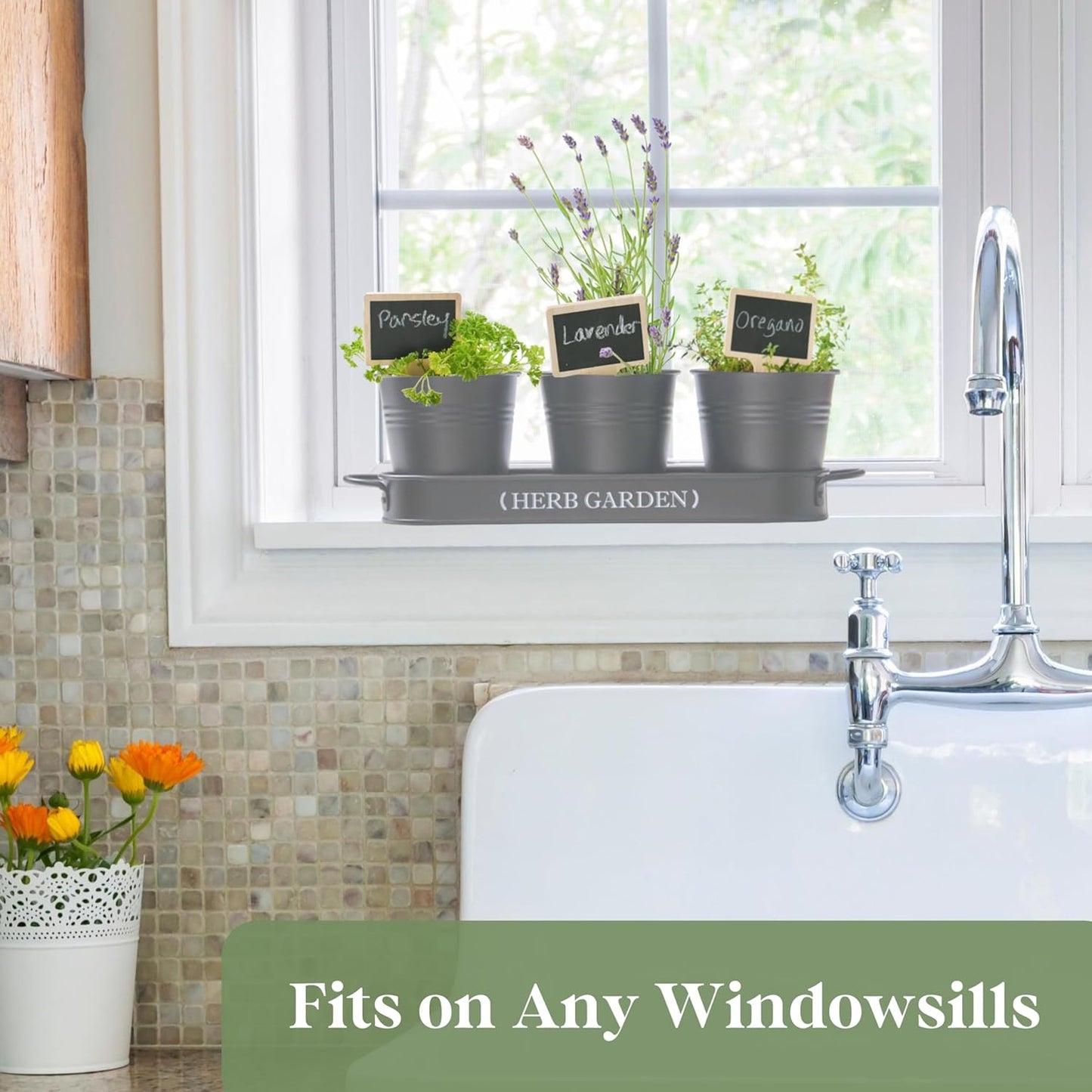 Indoor Herb Garden, Herb Garden Planter for Indoor/Outdoor, Farmhouse Plant Pots, Windowsill Herb Garden with Tray(Planter Only) Window Pots