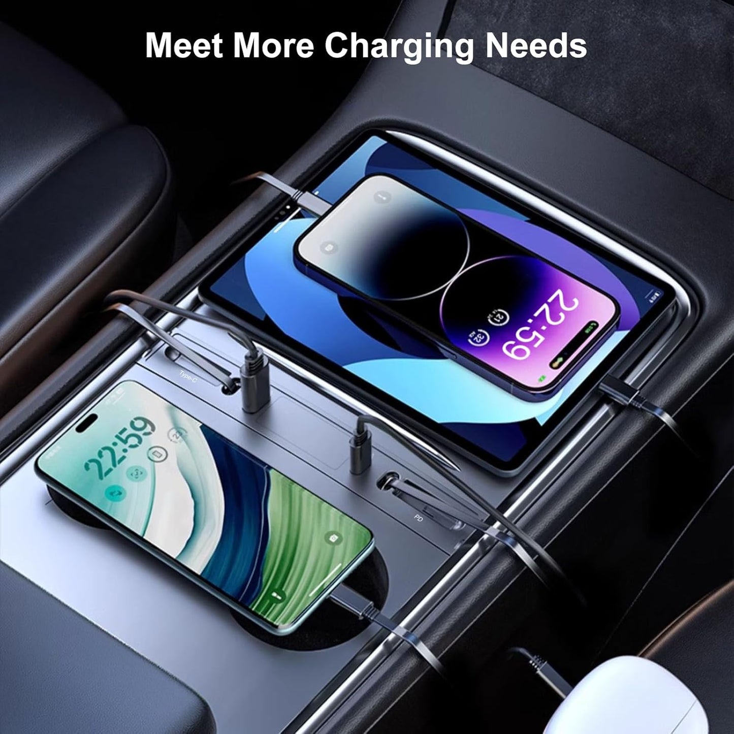 Retractable USB Hub for 2021-2024 Tesla Model Y & 2021-2023 Model 3 Center Console with Fast Charging and Built-In Charging Cables, Accessories for Tesla Model 3 and Model Y 2024 2023