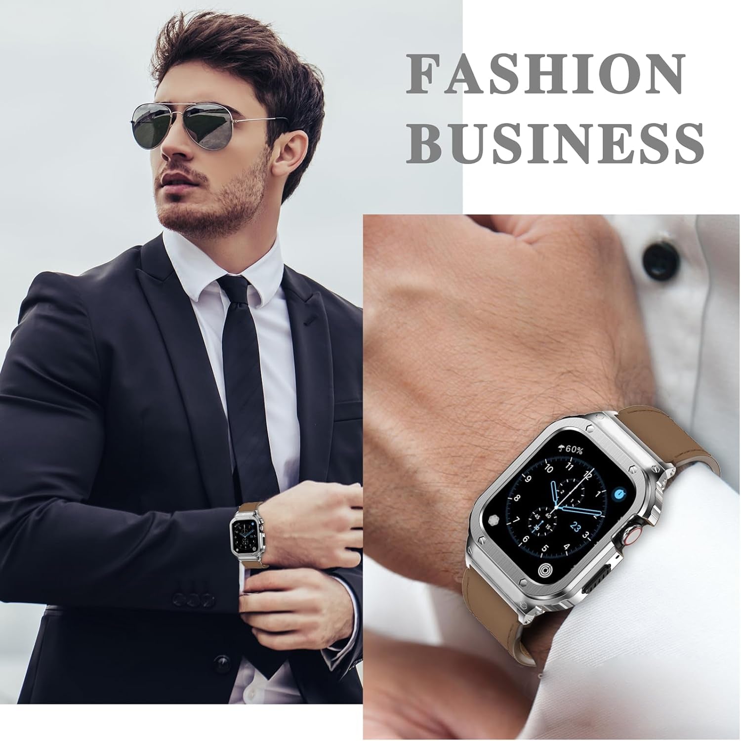 Stainless Steel Case and Bands Compatible with Apple Watch Band 38Mm 40Mm 41Mm 42Mm 44Mm 45Mm 49Mm,Leather Strap Rugged Cover for Iwatch Series Ultra 9 8 7 6 5 4 3 2 1 SE