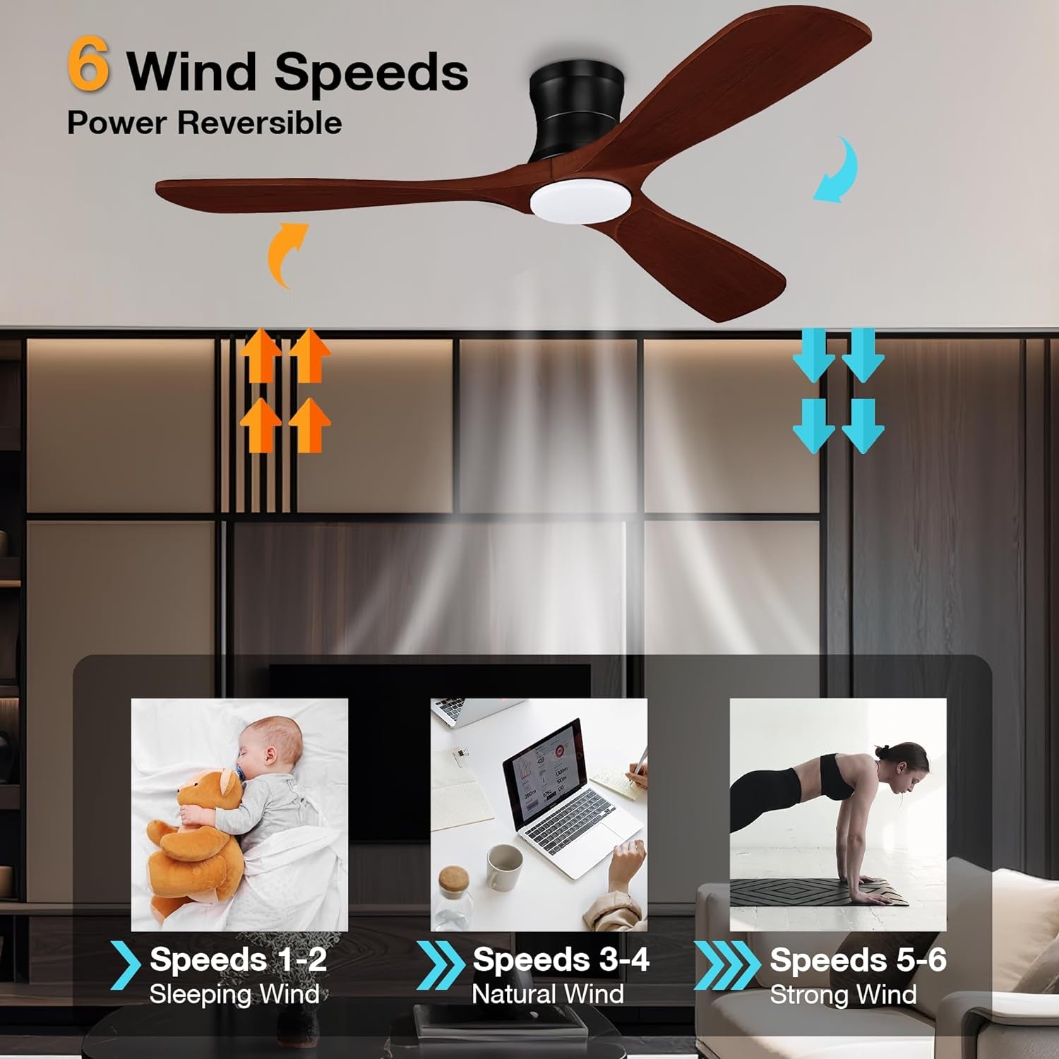 52” Smart Wood Flush Mount Ceiling Fans with Lights Remote,Quiet DC Motor,Outdoor Indoor Low Profile Ceiling Fan,Voice WIFI Alexa App Control,Dimmable,6-Speed,For Modern Bedroom Patio