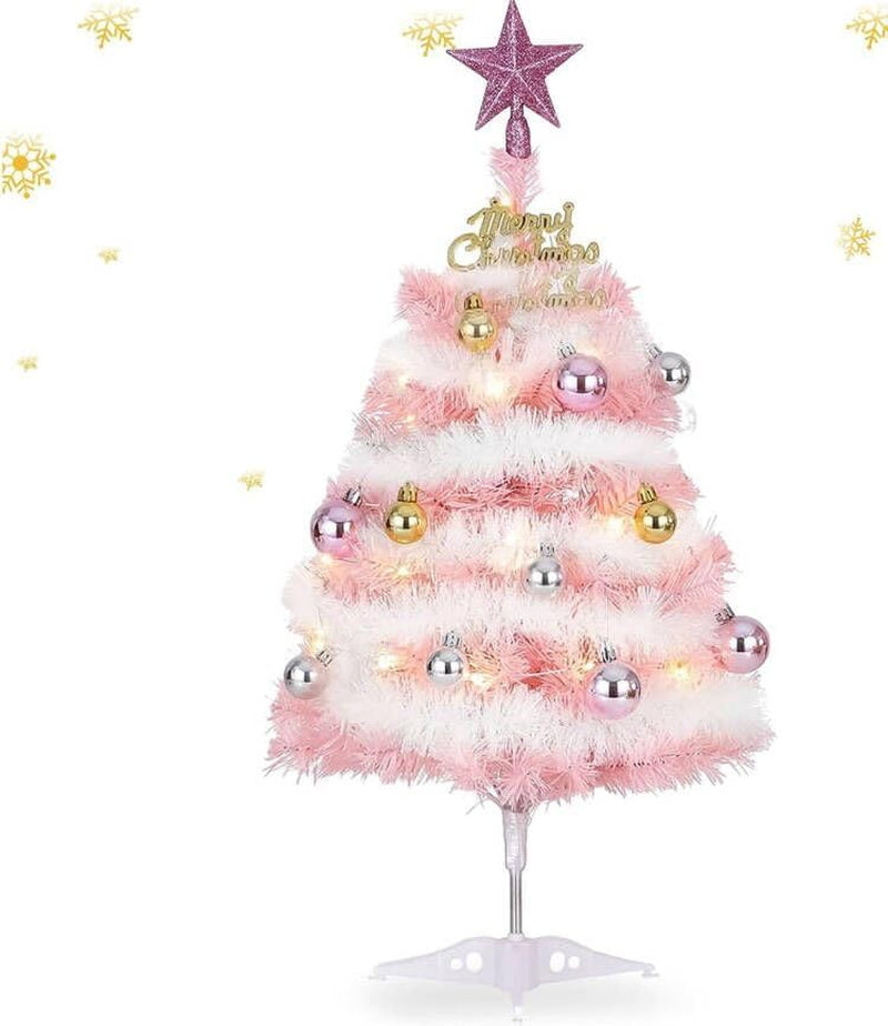 Small Pink Christmas Tree, 2Ft Mini Christmas Tree, Artificial Small Desktop Xmas Tree with Lights and Tree Ornaments, for Christmas Thanksgiving Decorations