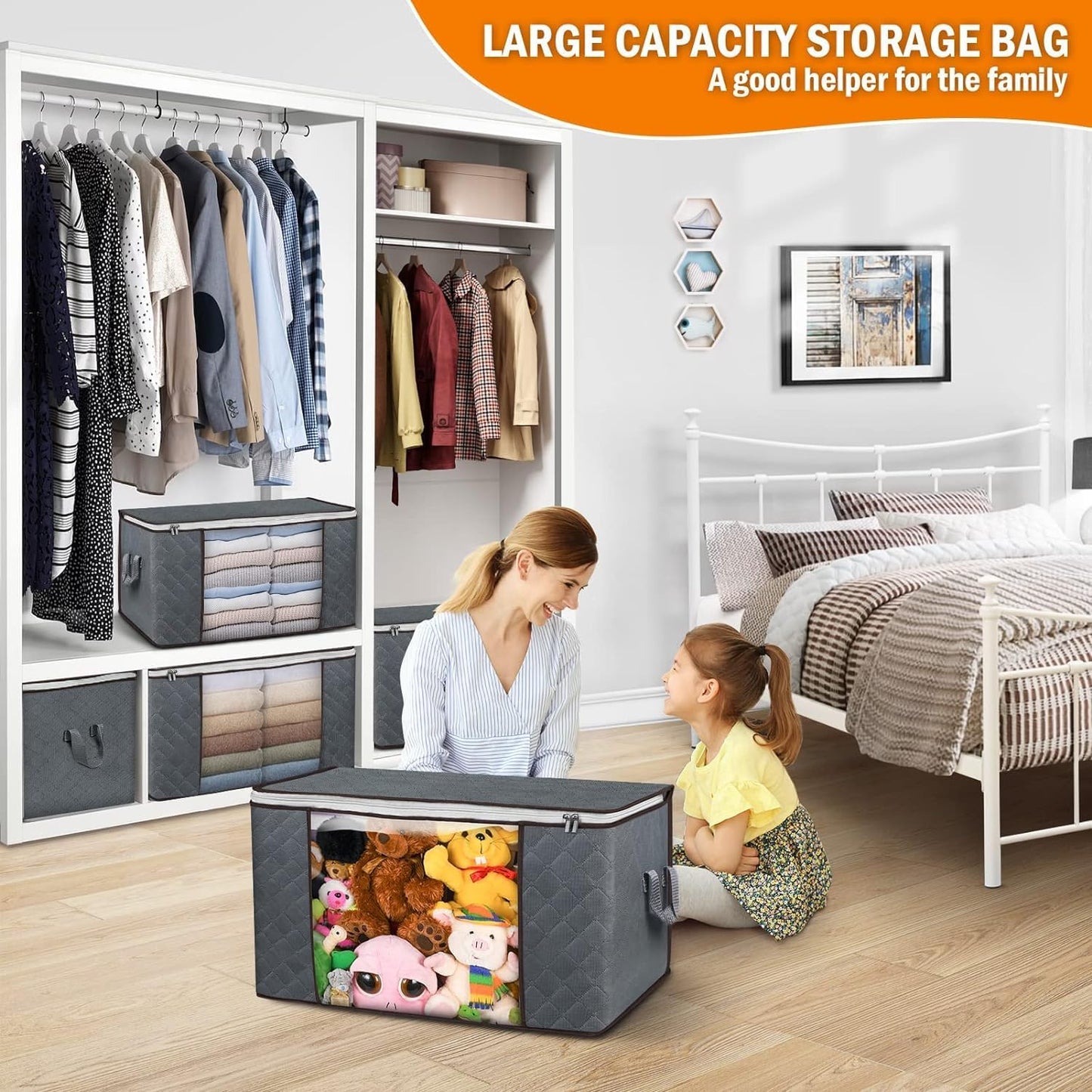Clothes Storage, Foldable Large Storage Bags, Storage and Organization for Clothing, Blanket, Comforter, Clothes, Pillows, Toys, Closet Organizers with Enhanced Handle, 60L 6 Pack Gray