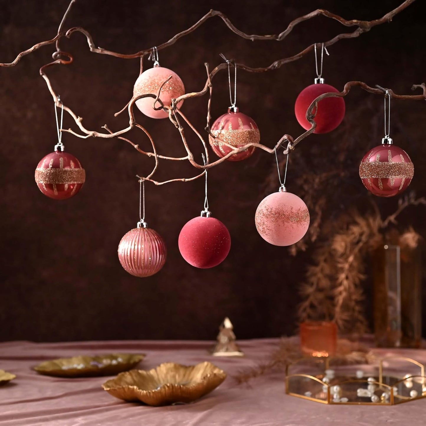 Christmas Ornaments, 9Ct 80Mm Large Pink Gold Christmas Tree Decorations, Shatterproof Decorative Velvet Ball Ornaments for Christmas Tree, Valentines Day Decor