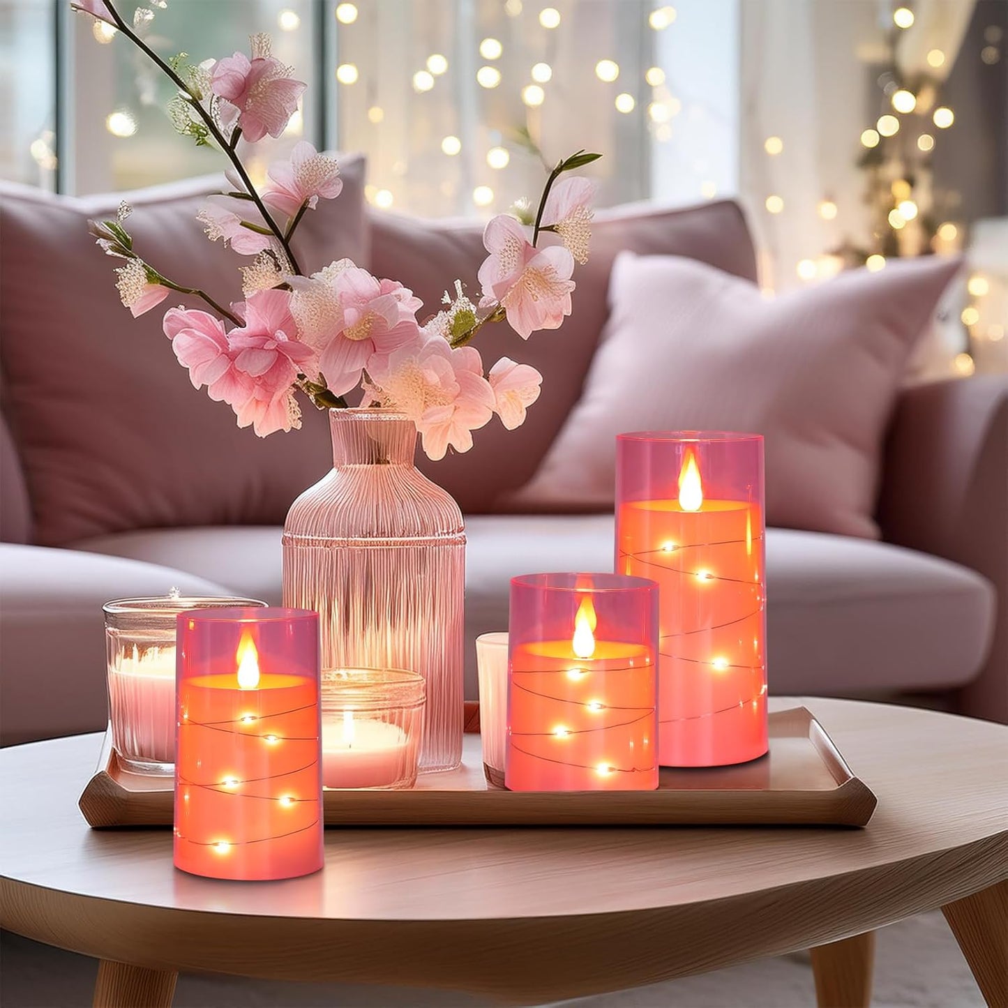 Flickering Flameless Candles Battery Operated Candles LED Candles with Remote Timer for Home/Wedding/Birthday/Holiday Decor, Cherry Blossom Pink 3D Flame Set of 3 (D3 Xh4 5" 6")