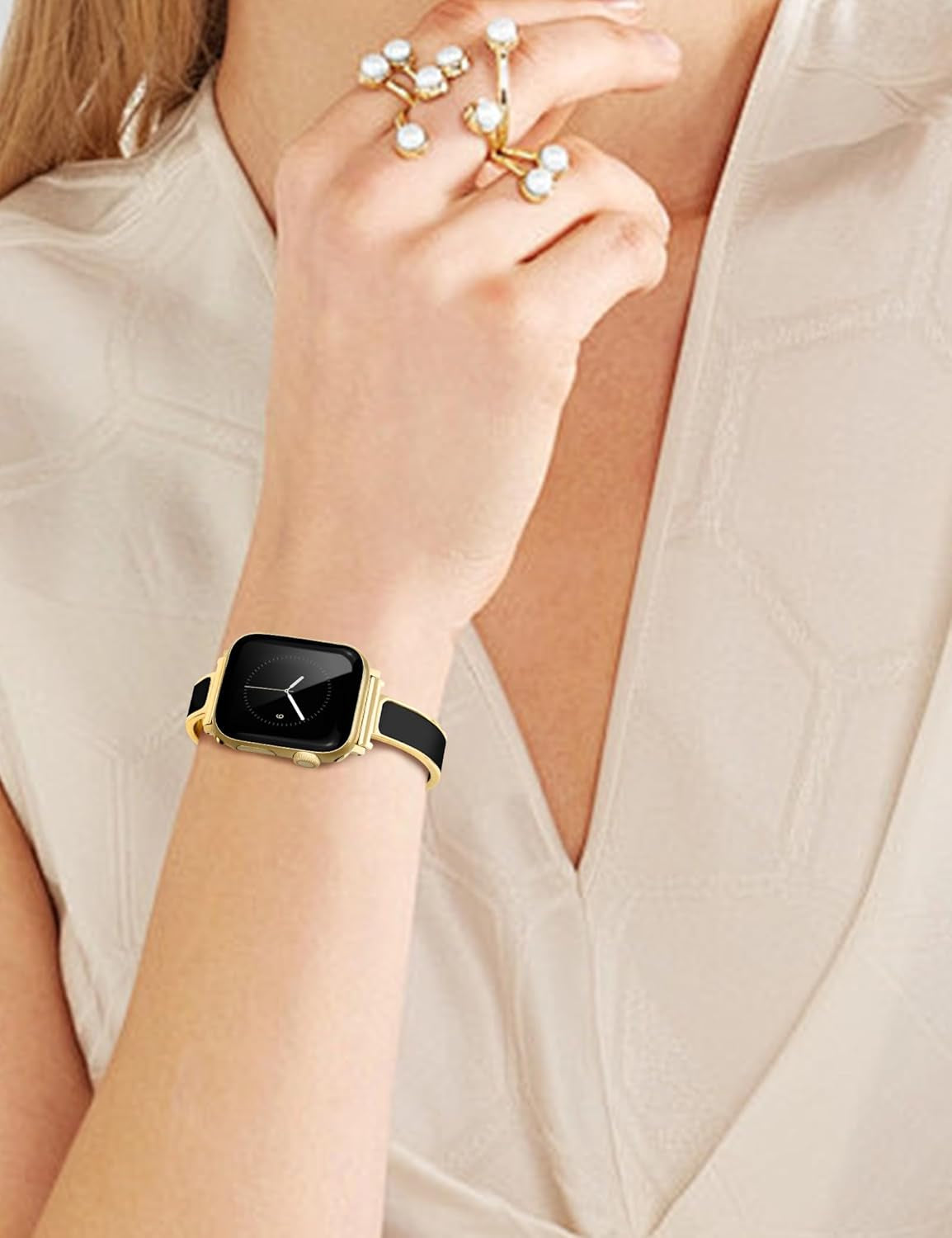Gold Slim Band Floral Engraved Silicone Band Bundle Compatible with Apple Watch 38Mm 40Mm 41Mm 42Mm 44Mm 45Mm 46Mm 49Mm Women for Iwatch Series 10/9/8/7/6/5/4/3/2/1/Se/Ultra