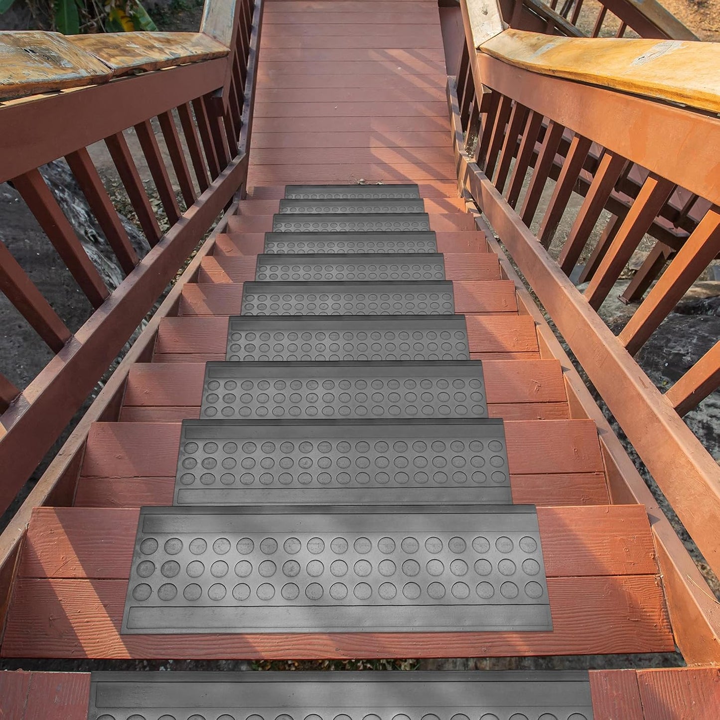 Indoor/Outdoor Hose-Wash Coin Design Non-Slip Rubber 10" X 30" Modern Stair Treads for Stairs, Garage, Patio, 5 Pack, Black Coin