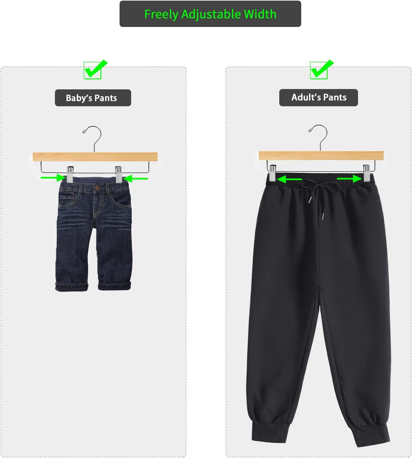 Solid Lotus Wood Deluxe Wooden Pants Hangers Bottom Hanger Jeans Hanger Skirt Hanger with 2-Adjustable Clips Anti-Rust Hook Pack of 10 (Natural)