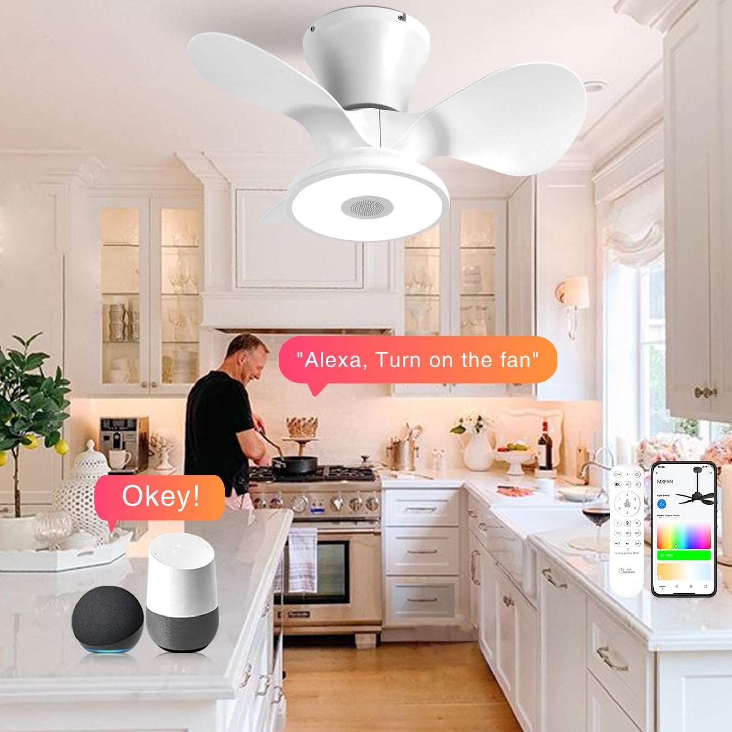 Smart Wifi Flush Mount Ceiling Fan with Lights,Bluetooth Ceiling Fan with Speaker and Remote/App/Alexa Control,Dimmable RGB Light,Low Profile 6 Speeds Reversible Blades for Bedroom Kitchen Living Room