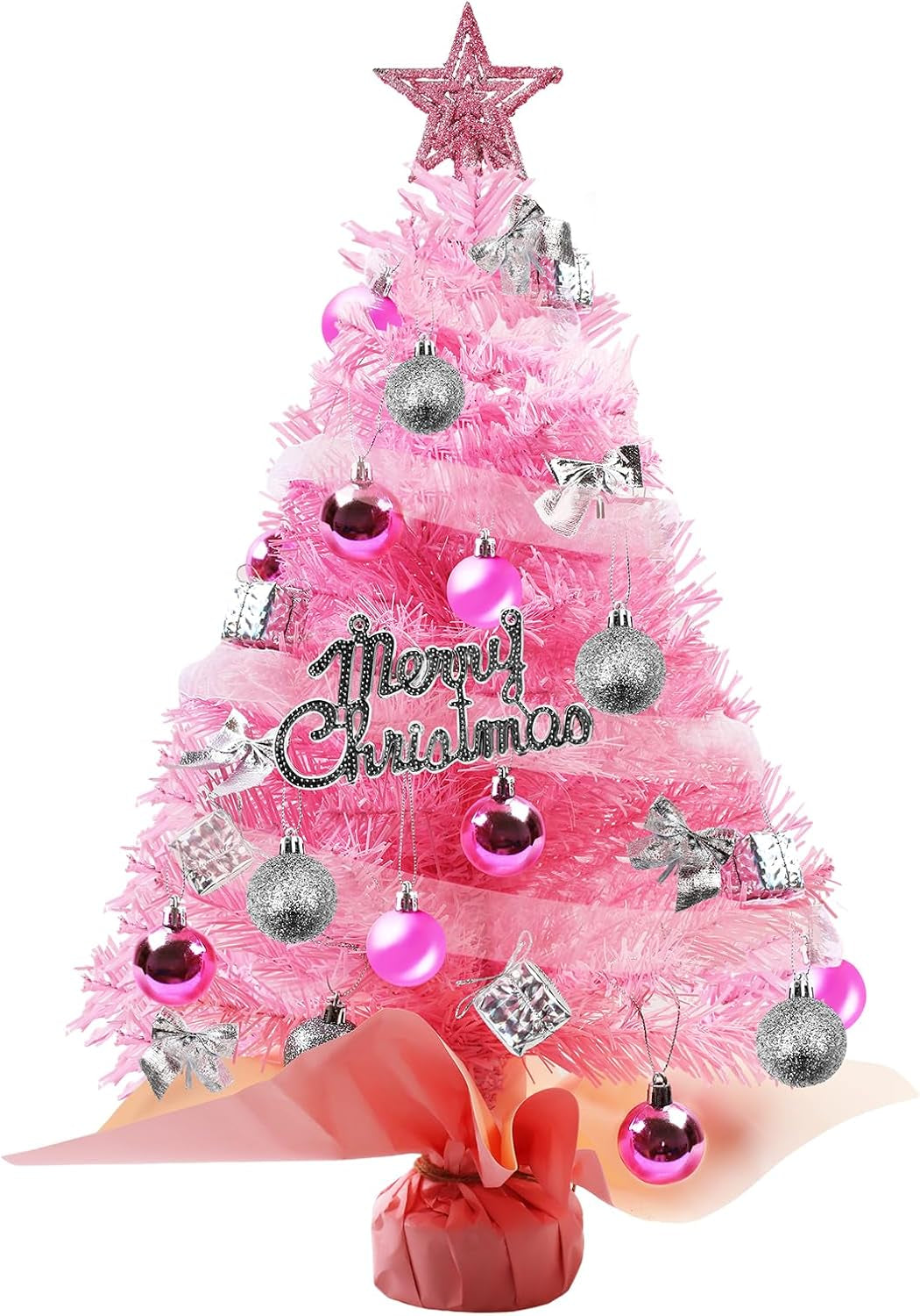 23 Inch Tabletop Christmas Tree with Led Lights,Artificial Mini Christmas Tree, DIY Artificial Tabletop Christmas Tree,Christmas Decorations for Home Desktop Xmas Tabletop Decoration (Pink)