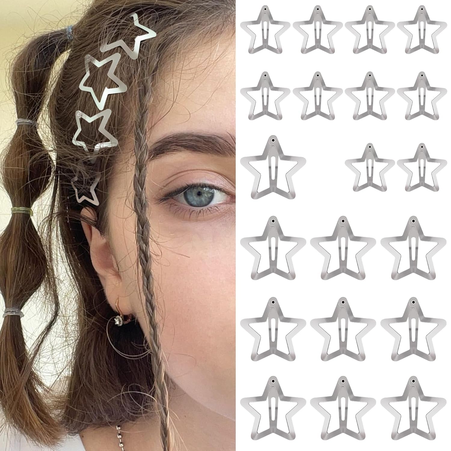 Star Hair Clips 2000S Y2K Snap Hair Barrettes Non Slip Star Hair Accessories Silver Metal Hair Clips for Girls Women -15 PCS 1.57"