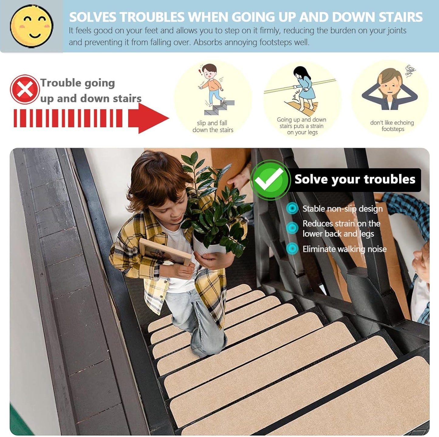 8" X 30" (15 in Pack) Non-Slip Stair Treads Carpet for Wooden Steps, Self-Adhesive Stair Treads Mat, Safety Indoor Stair Runner Mats, anti Slip Stair Rugs for Kids Elders and Dogs，Beige