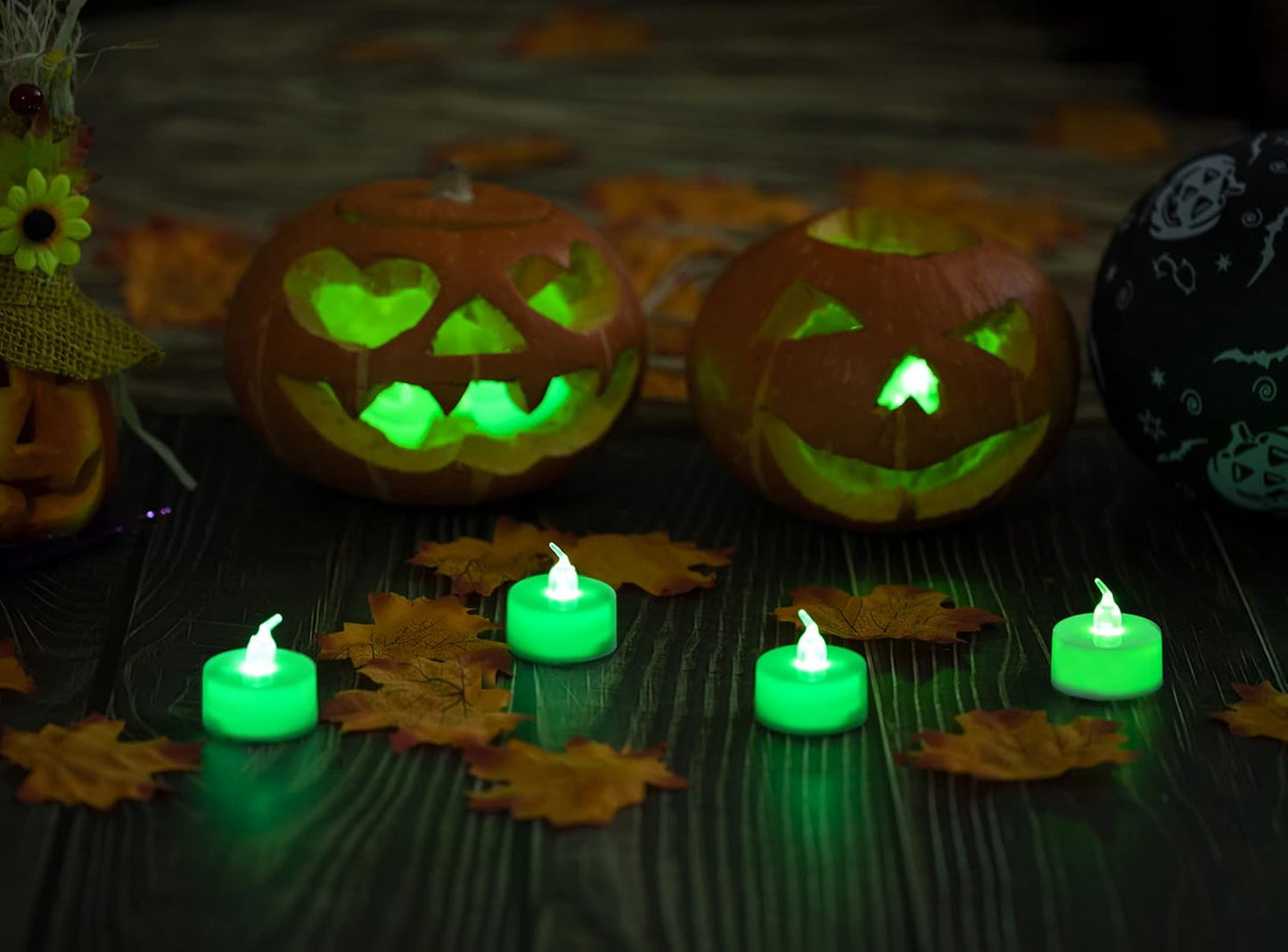 24 Pack LED Tea Lights Candles – Flickering Green Flameless Tealight Candle – Long Lasting Battery Operated Fake Candles – Decoration for Halloween and Christmas (Green - 24Pcs)