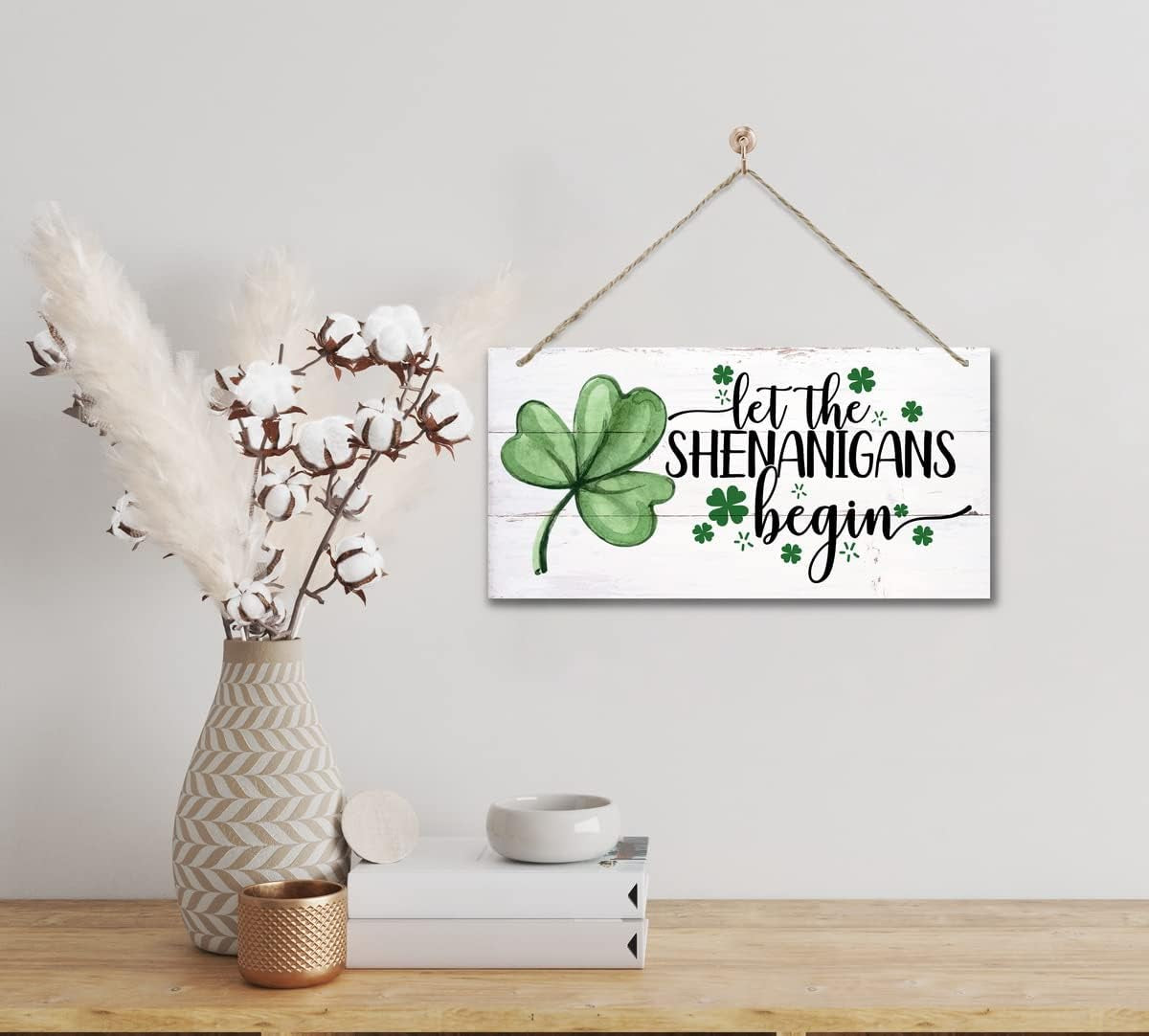 Hanging St. Patricks Day Wood Decor Sign, Let the Shenanigans Begin Printed Wood Wall Art Sign, Home Signs Decor, Hanging Door Wood Sign, Shamrock Sign, St Patricks Day Decor, Rustic Farmhouse Decor