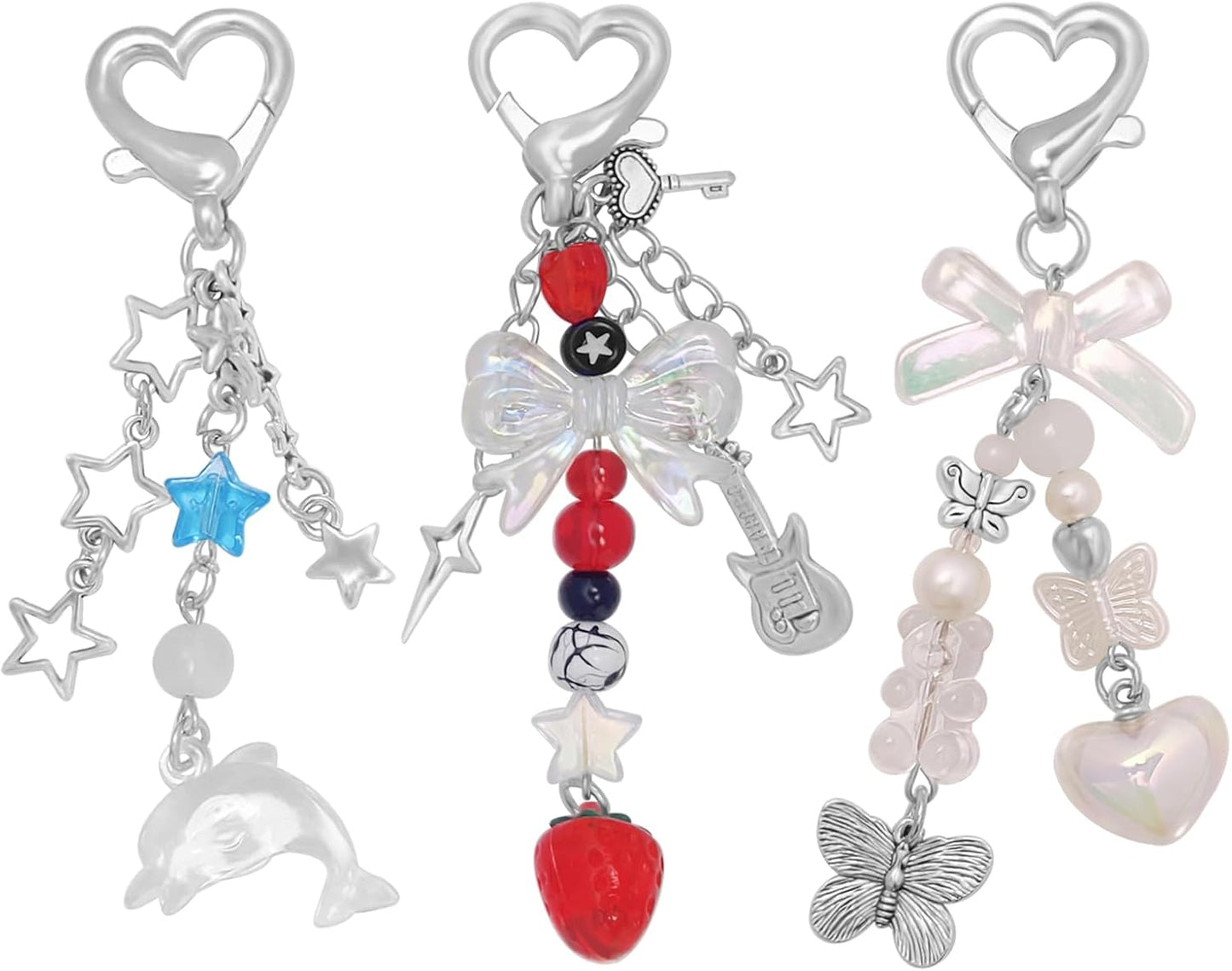 Aesthetic Y2K Keychains Cute Butterfly Star Strawberry Bear Guitar Keychains Charms for Women Bag Purse Gifts