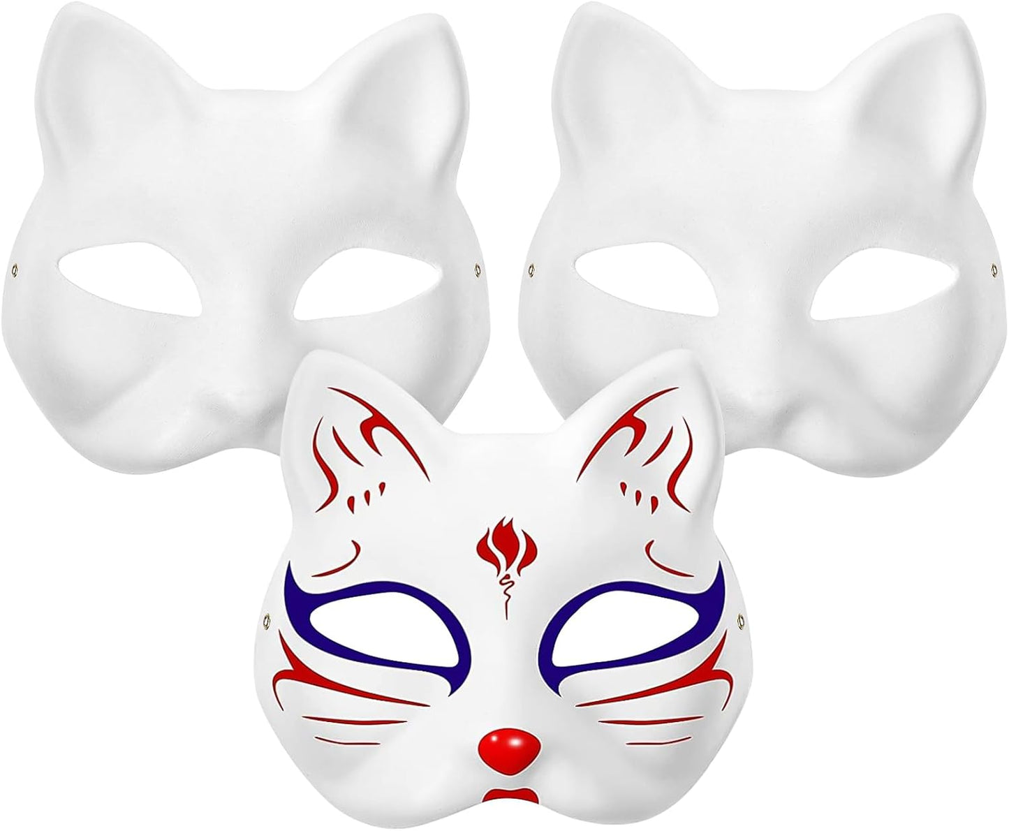 Cat Masks Therian Mask Animal Mask Halloween Mask White Cat Mask Hand Painted Face Mask Cosplay Costume with Elastic Band 3 Pack