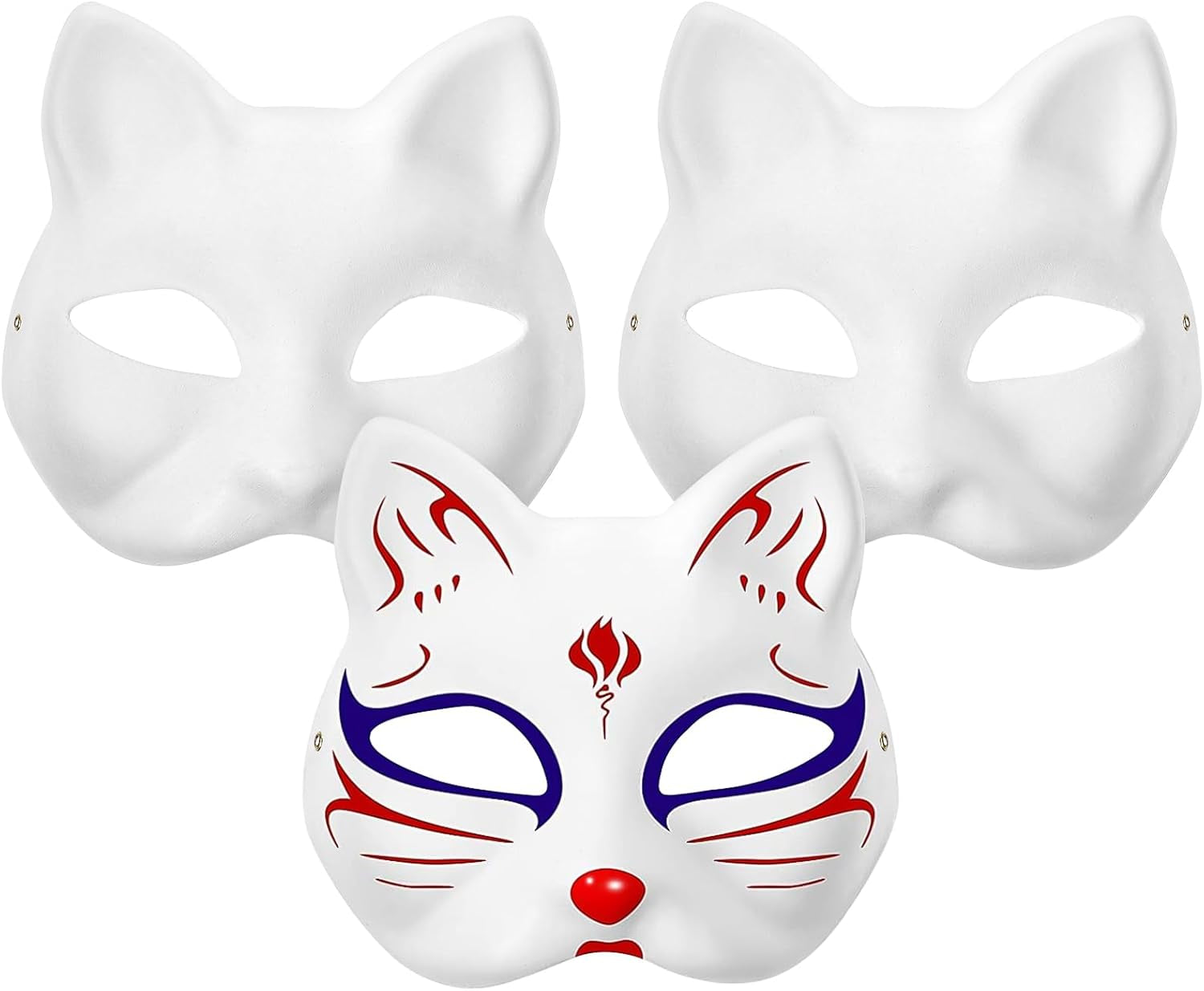 Cat Masks Therian Mask Animal Mask Halloween Mask White Cat Mask Hand Painted Face Mask Cosplay Costume with Elastic Band 3 Pack