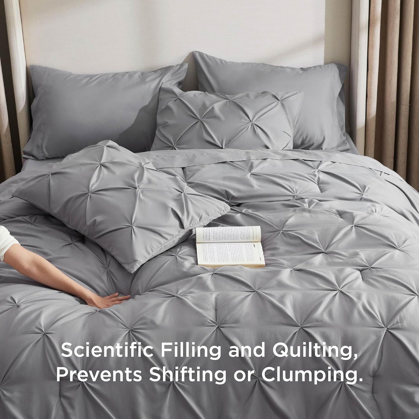 King Size Comforter Set - Bedding Sets King 7 Pieces, Pintuck Bed in a Bag Grey Bed Set with Comforter, Sheets, Pillowcases & Shams
