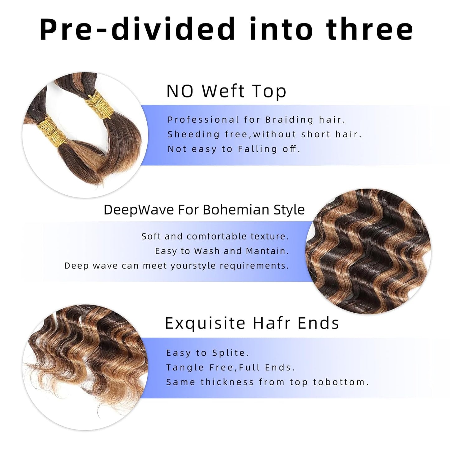 Langer 4/27 Highlight Human Braiding Hair Deep Wave Bulk Human Hair for Braiding No Weft 150G 3 Bundles/Pack Ombre 16A Brazilian Curly Human Hair Extensions for Braids Boho Braiding Hair 18 Inch