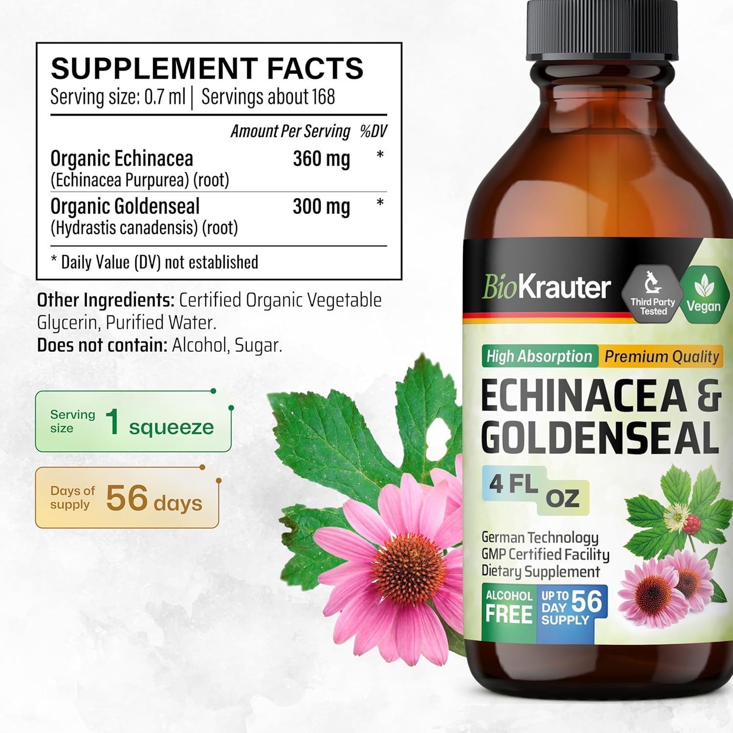 Echinacea and Goldenseal Root Liquid Extract - Natural Immune Support - Echinacea Drops with Goldenseal - Vegan, Alcohol & Sugar Free Tincture - 4 Fl.Oz. TLBH