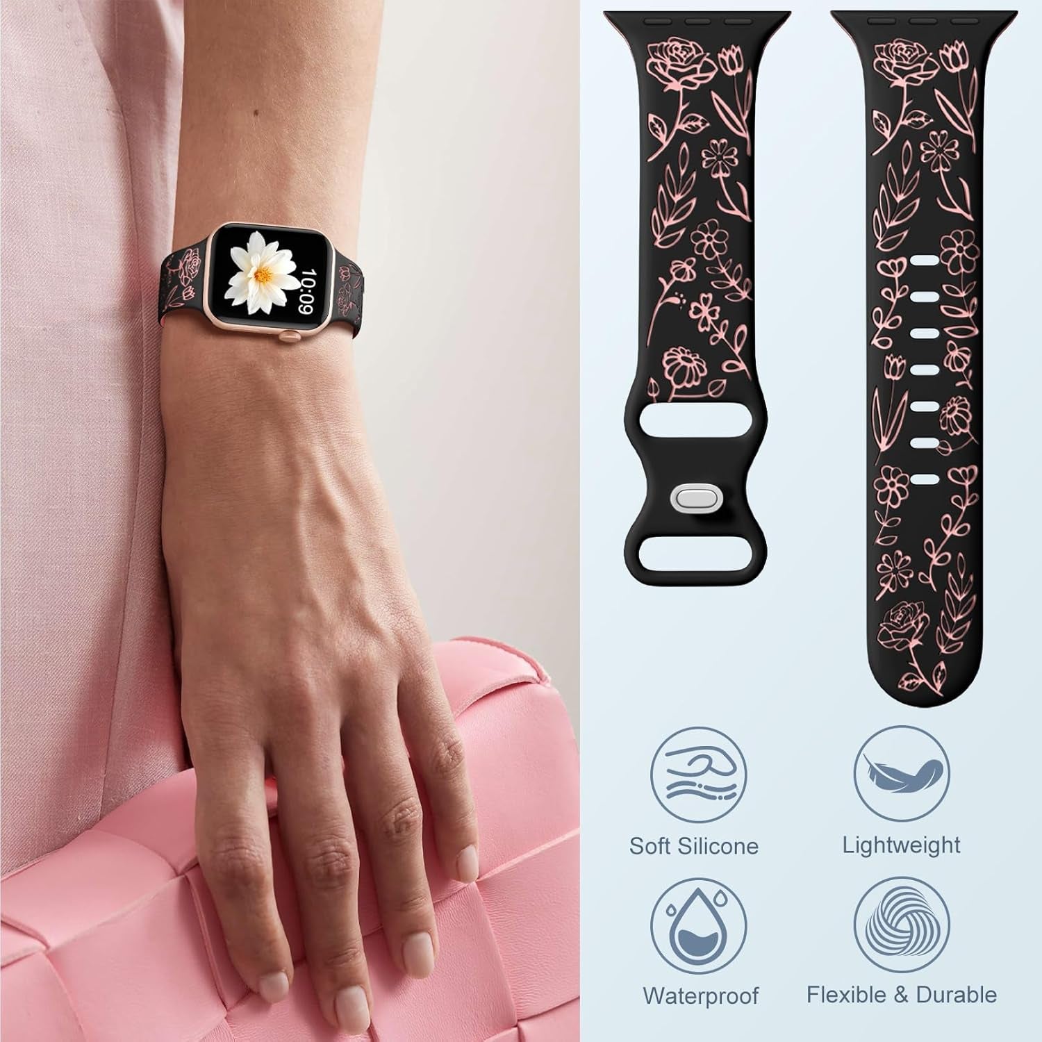 Floral Engraved Bands for Apple Watch Women 38Mm 40Mm 41Mm 42Mm 44Mm 45Mm, Soft Silicone Cute Dressy Wrist Strap for Iwatch SE Series 9 8 7 6 5 4 3 2 1 Ultra, Iphone Watch Band Accessories