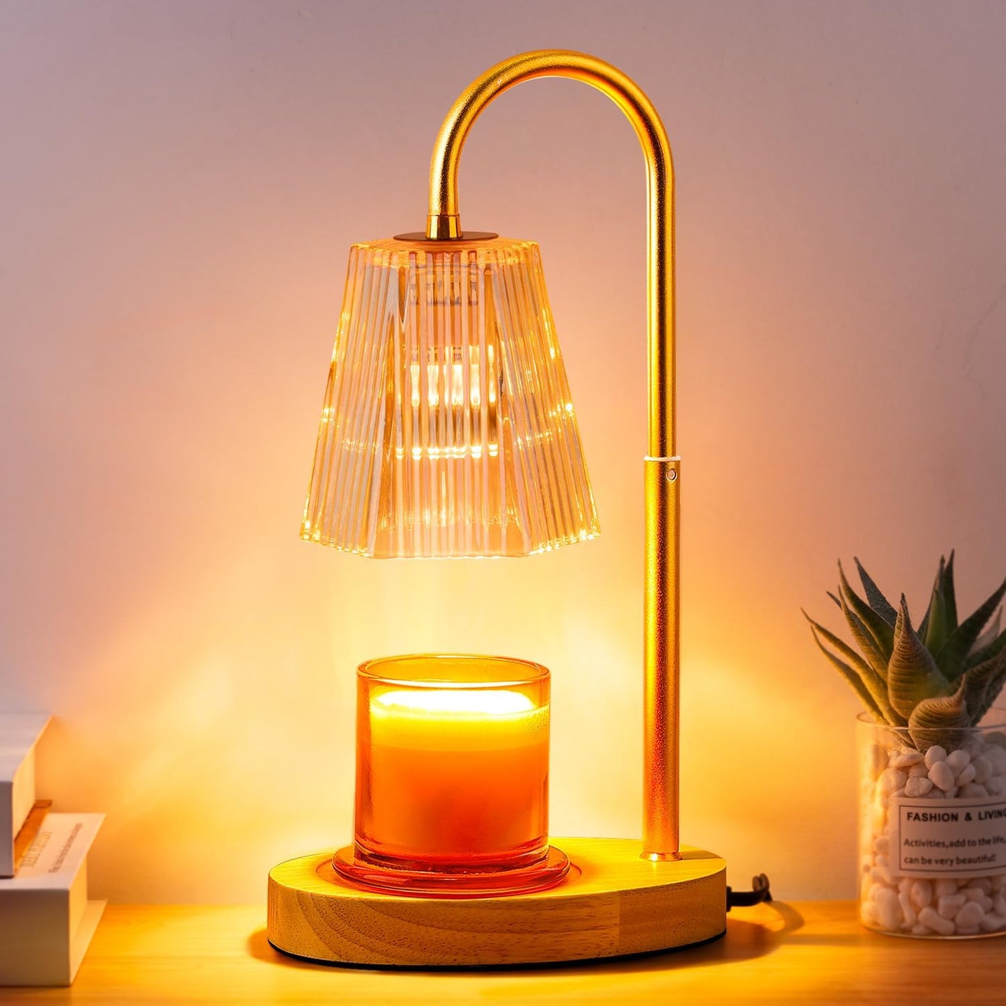 Candle Warmer Lamp with Timer: Electric Candles Wax Warmers Glass Lamps for Jar Candles Burner Adjustable Height and Dimmable Light Modern No Flame Scented Candle Warming Lantern, Amber