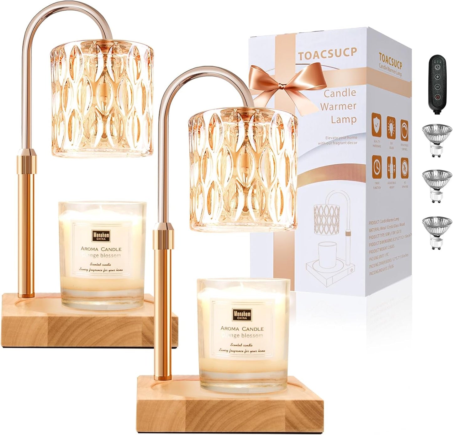 Candle Warmer Lamp with 3 Bulbs, Adjustable Height Dimmable Candle Warmer with Timer, Compatible with Large Jar Candles, Candle Lamp with Charming Gift Box Ribbon for Her/Him(Natural Wood)