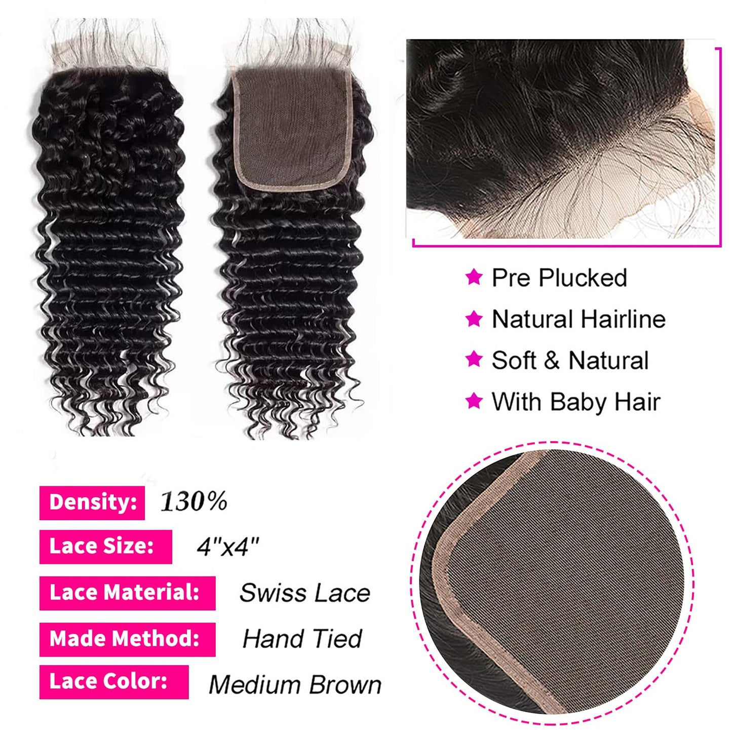 Brazilian Deep Wave Bundles with Closure（12 14 16+10Closure）100% Unprocessed Deep Curly Bundles Human Hair 3 Bundles with 4X4 Free Part Lace Closure Wet and Wavy Deep Wave Hair Natural Black