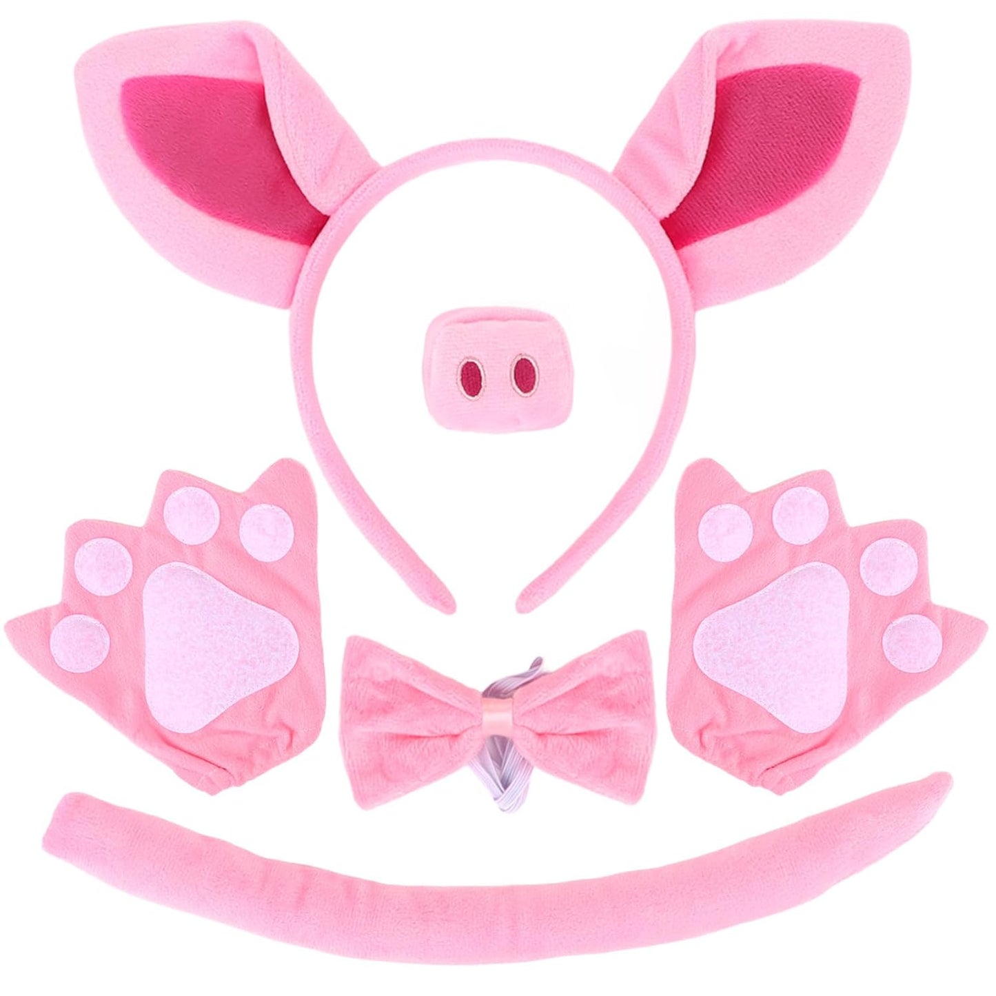 Pig Costume Set Pig Ears Headband, Pig Nose, Bowtie, Tail & Paw Gloves Pink Pig Costume Accessories Set Fancy Dress Costume Accessories for Halloween Dress up Play Party Carnival World Book Day