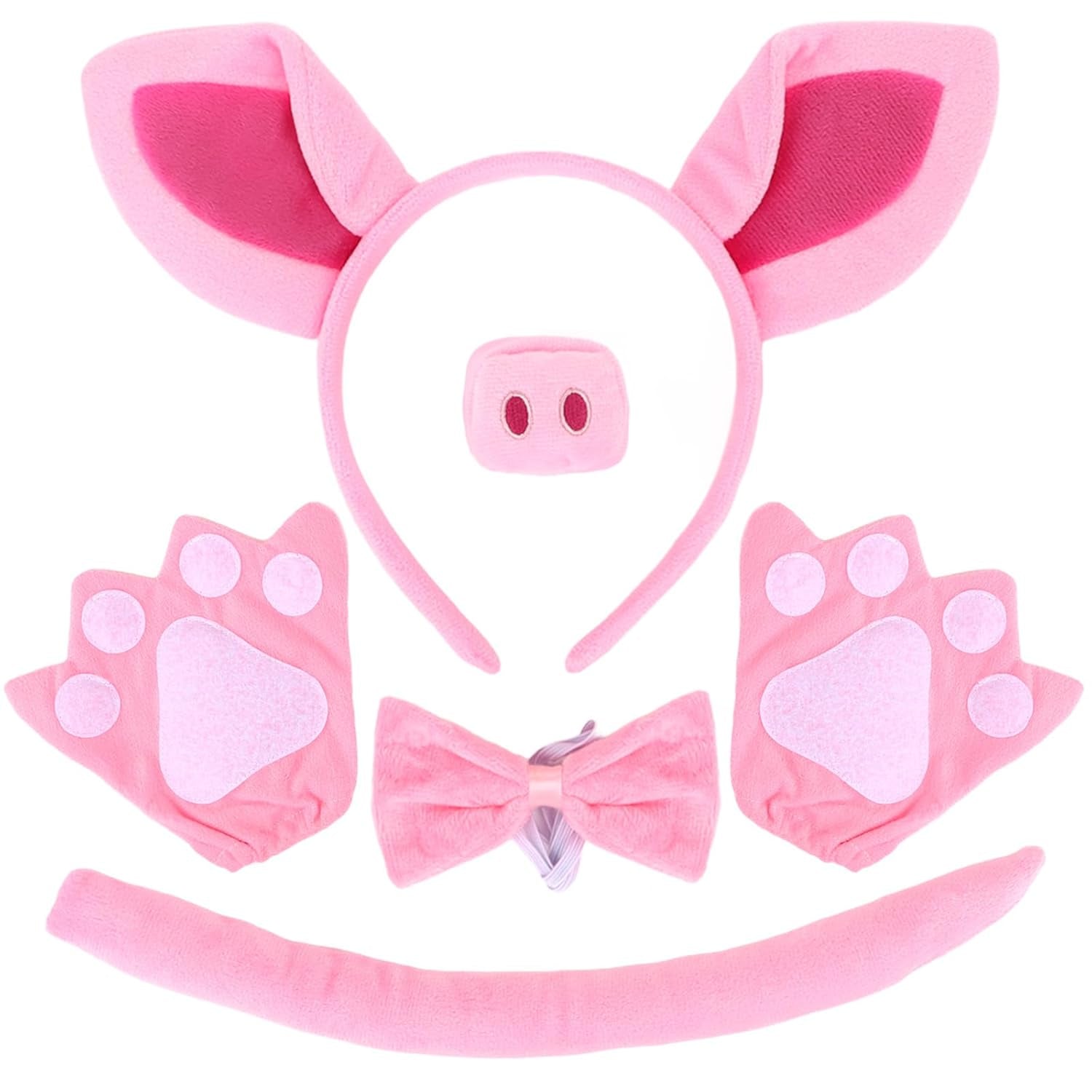 Pig Costume Set Pig Ears Headband, Pig Nose, Bowtie, Tail & Paw Gloves Pink Pig Costume Accessories Set Fancy Dress Costume Accessories for Halloween Dress up Play Party Carnival World Book Day