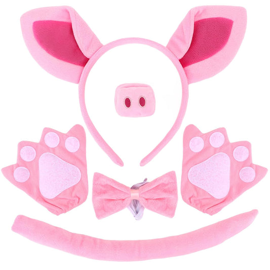 Pig Costume Set Pig Ears Headband, Pig Nose, Bowtie, Tail & Paw Gloves Pink Pig Costume Accessories Set Fancy Dress Costume Accessories for Halloween Dress up Play Party Carnival World Book Day