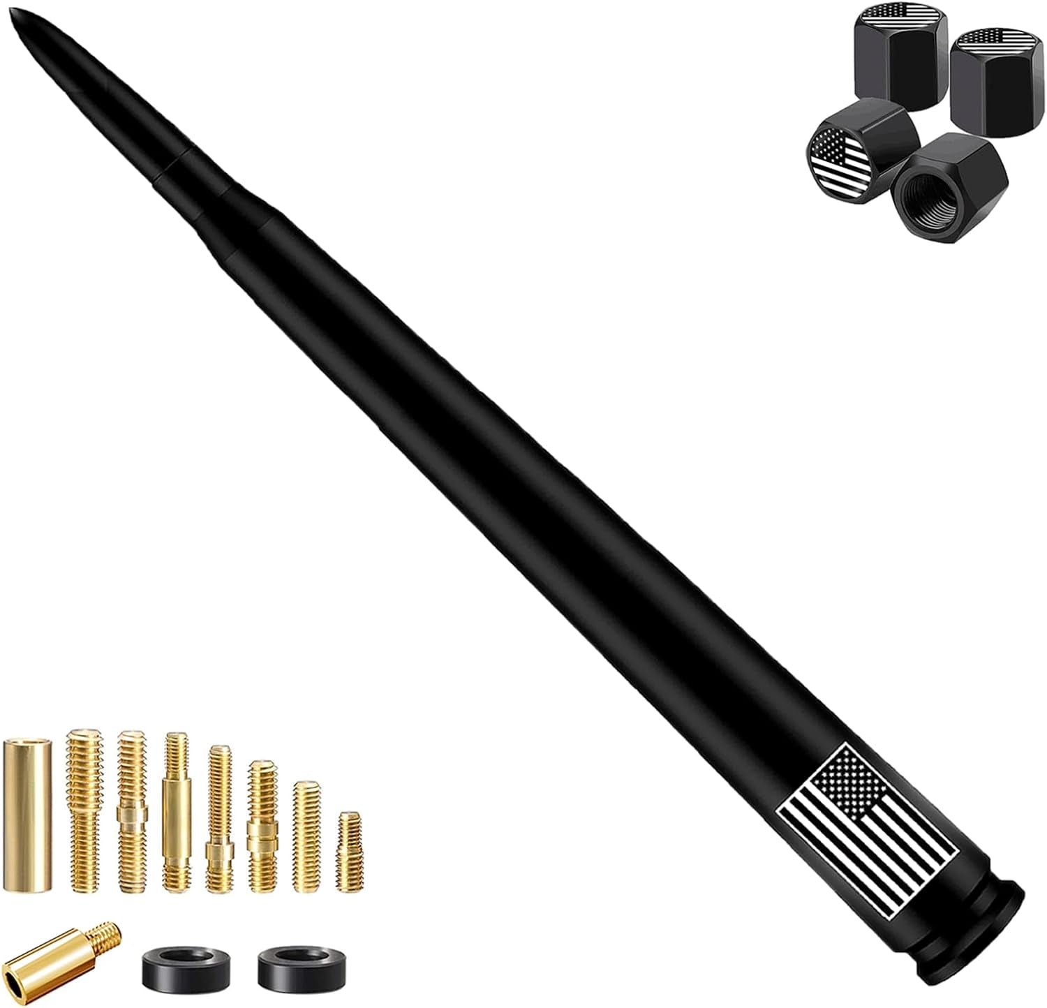 American Flag Car Truck Antenna with Valve Stem Caps, Universal Mast for GM Chevy Silverado 1500 2500 3500 HD Avalanche Ford F150 F250 F350 Denali Heavy Duty Pickup Trucks Accessories (Black)