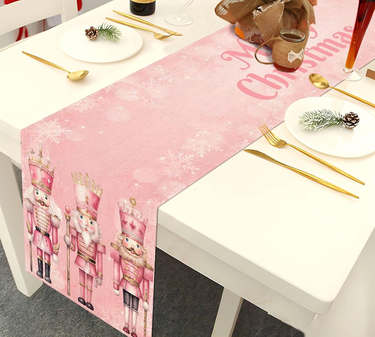Pink Nutcrackers Christmas Table Runner Pink Xmas Decoration Winter Holiday Party Supply Home Kitchen Dining Room Decor (13" X 72")