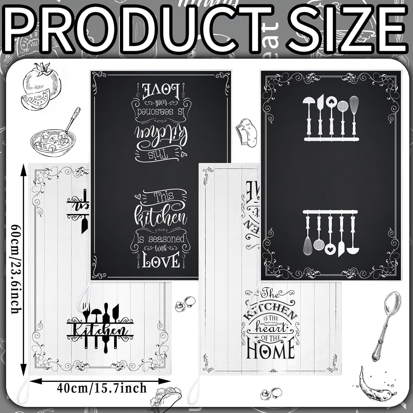 6 Pcs Kitchen Towels Sets Decorative Dish Towels Absorbent Fast Drying Hand Cloths Hanging Reusable Cleaning Dishcloths for Cooking Housewarming(Black White,Food)