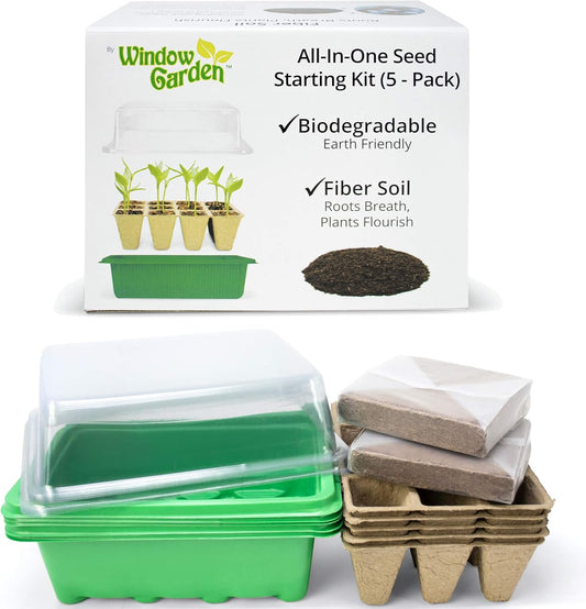 Biodegradable Seed Starter Kit (5 Pack)- Eco Friendly Recycled Paper Pulp Plant Pots, Plant Trays, Humidity Dome and Fiber Potting Soil, Herb Garden Kit Indoor Windowsill, Garden Gift