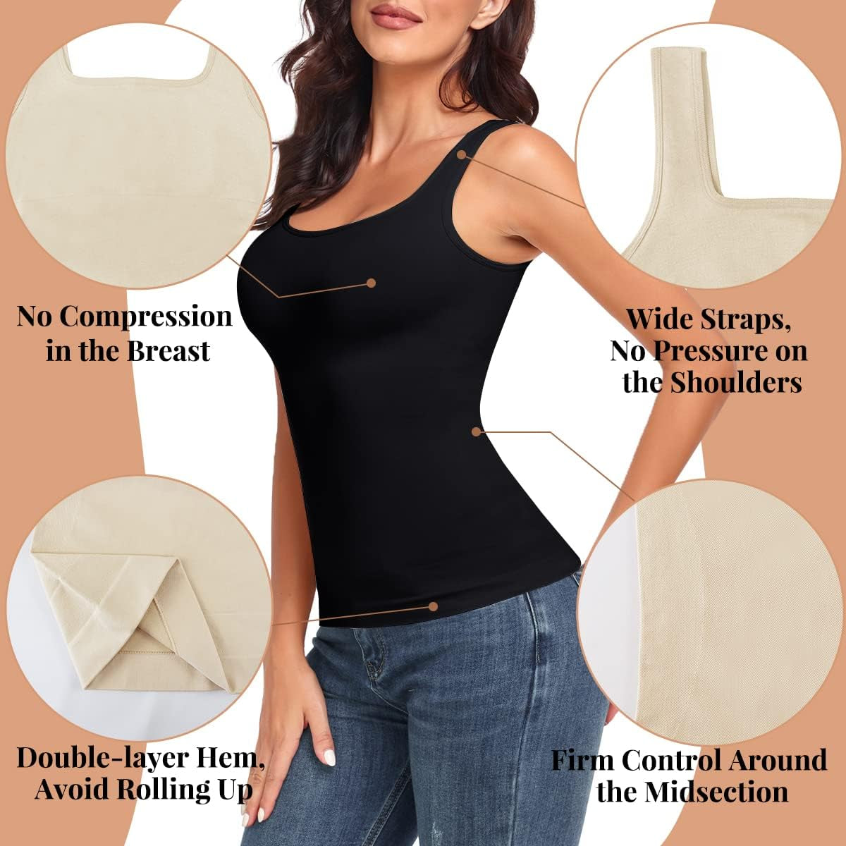 Women Tummy Control Shapewear Tank Tops Seamless Square Neck Compression Tops Slimming Body Shaper Camisole