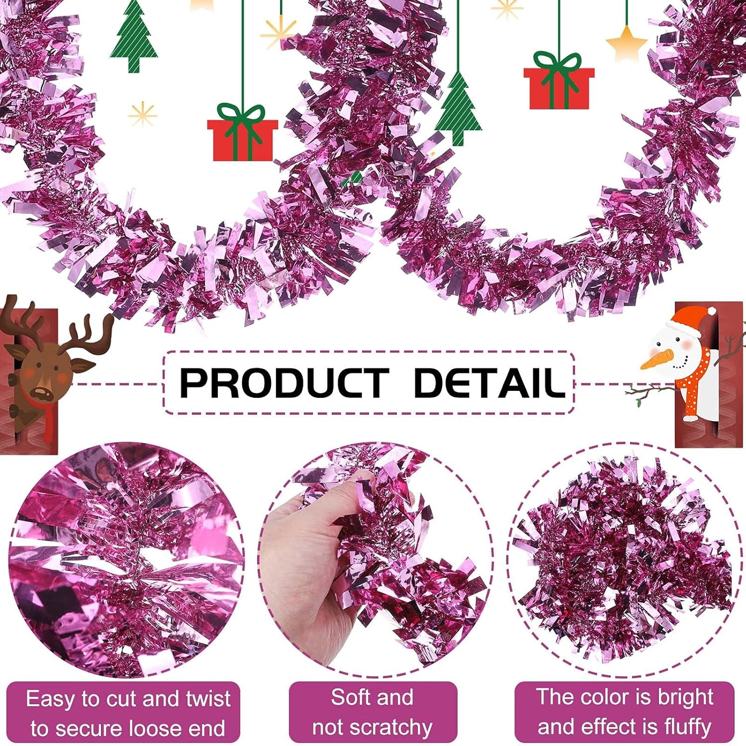 100 Ft Christmas Tinsel Garland Christmas Tree Garland Bulk Glitter Twist Garland Metallic Streamer Indoor Outdoor Hanging Christmas Decorations(Light Pink)