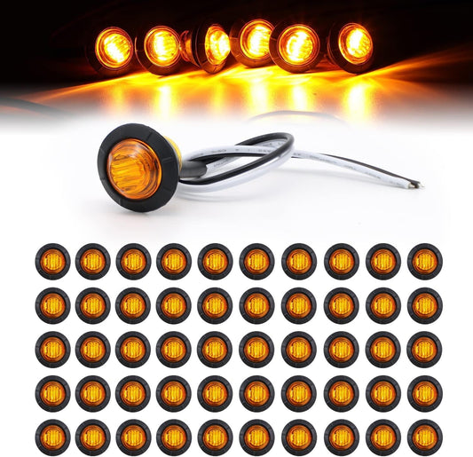 50 Pcs 3/4 Inch Mount Amber 3 LED Mini round Trailer Side Marker Indicator Lights Clearance Button Signal Lamps Universal for Trucks Lorry Boat Pickup Bus Caravan RV Waterproof Sealed Bulbs 12V DC