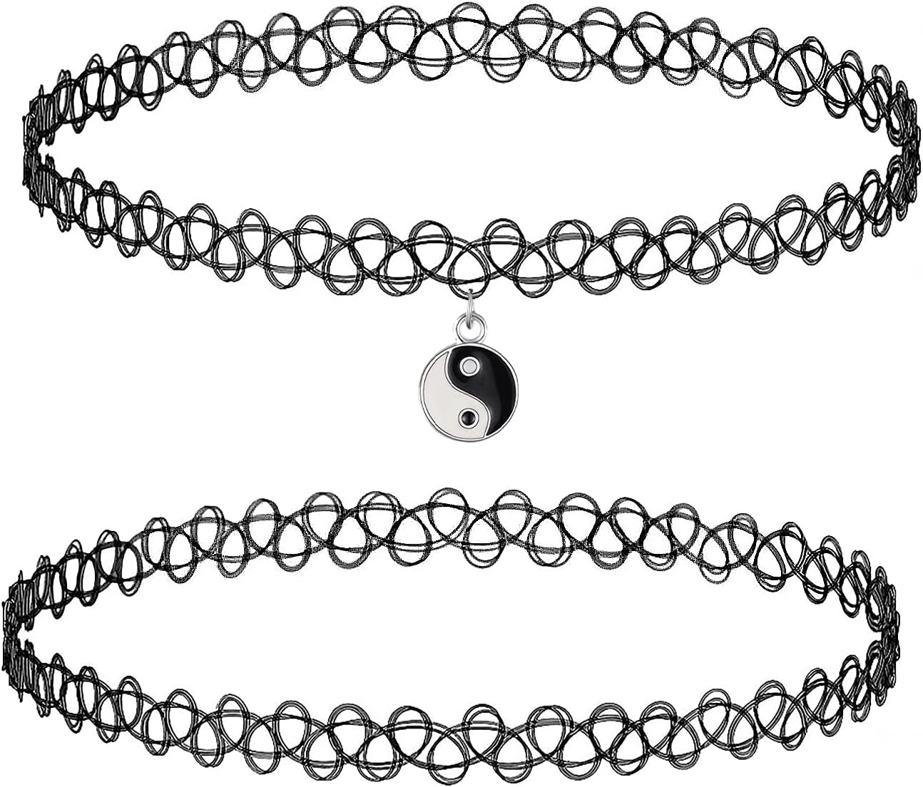 2PC Tattoo Choker Necklace - 90S Choker Necklace Women - 2000S Y2K Black Chokers Rainbow Choker - Butterfly Ying Yang Unicorn Rainbow Charms - Stretchy Elastic Necklace