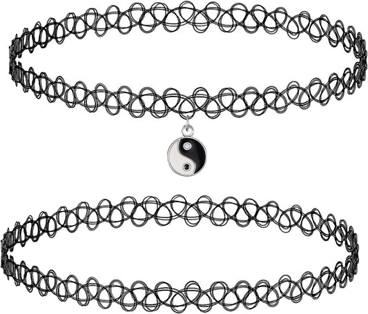 2PC Tattoo Choker Necklace - 90S Choker Necklace Women - 2000S Y2K Black Chokers Rainbow Choker - Butterfly Ying Yang Unicorn Rainbow Charms - Stretchy Elastic Necklace