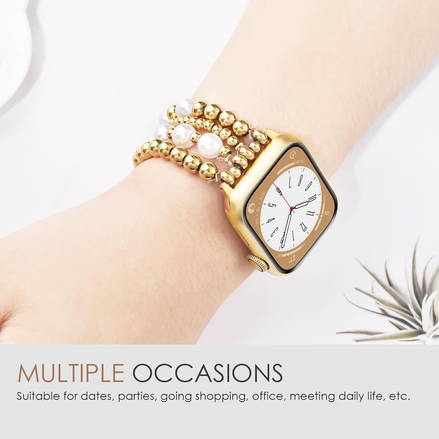 Gold Beaded Bracelets Compatible for Apple Watch Band 38Mm 40Mm 41Mm 42Mm 44Mm 45Mm Women, Fashion Handmade Dressy Iphone Watch Bands Elastic Strap for Iwatch Series SE 8 7 6 5 4 3 2 1