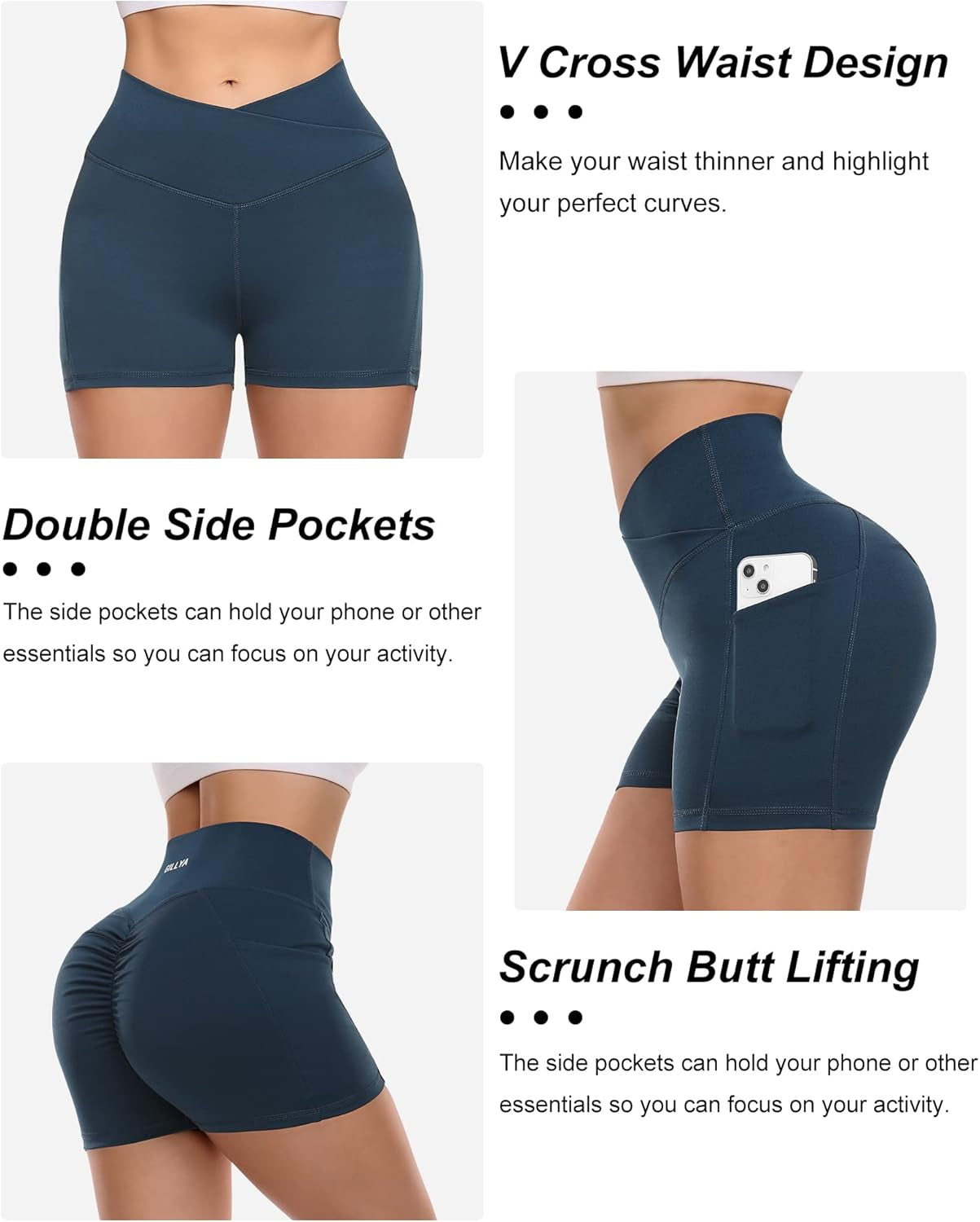 Women'S Ribbed Cross Waist Workout Shorts Scrunch Butt Lifting Shorts with Pockets High Waisted V Cross Biker Shorts