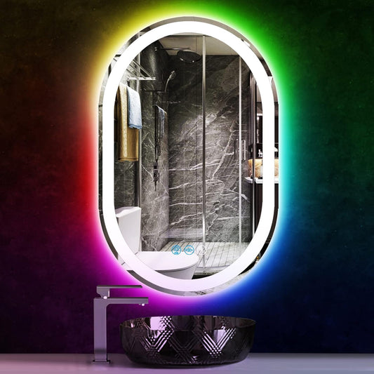 Bathroom Oval Lighted Mirror 16 X 24 Inch RGB Backlit Oval LED Mirror for Bathroom Wall Oval Vanity Mirror with Lights Antifog Dimmable 3Color+Rainbow Color Changing Light up Oval Smart Mirror