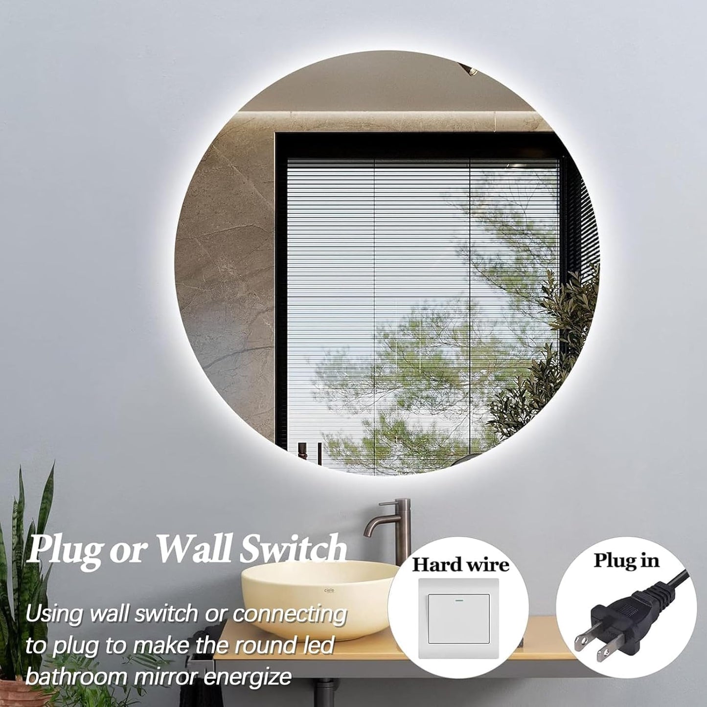 Round LED Bathroom Mirror, 28" Frameless Backlit Wall-Mounted Vanity Mirror with Lights, Anti-Fog Smart Mirror, IP65 Waterproof, Stepless Dimmable 3 Colors, Shatter-Proof, CRI95+