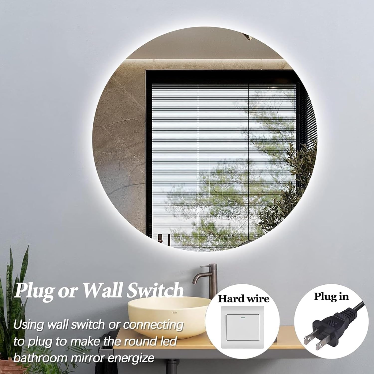 Round LED Bathroom Mirror, 28" Frameless Backlit Wall-Mounted Vanity Mirror with Lights, Anti-Fog Smart Mirror, IP65 Waterproof, Stepless Dimmable 3 Colors, Shatter-Proof, CRI95+