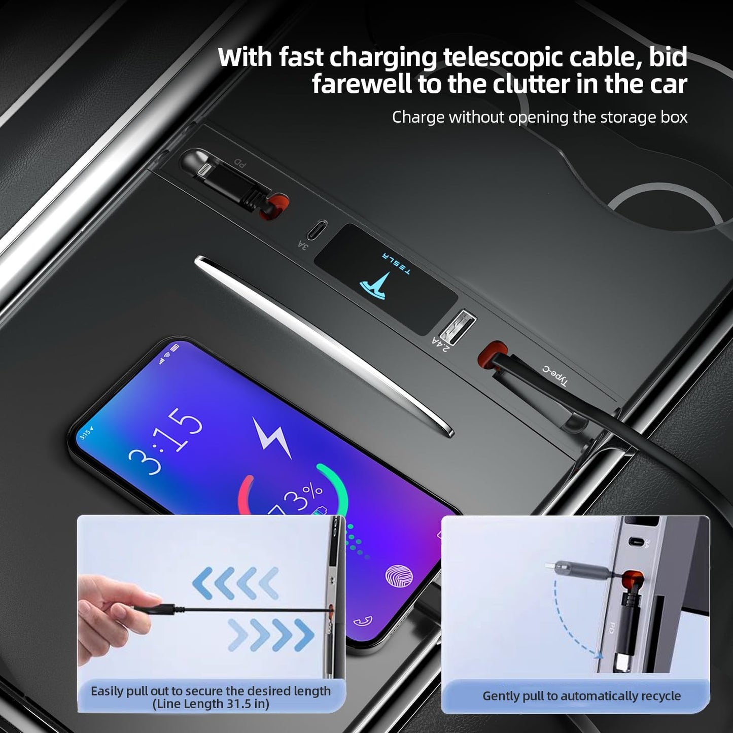 Tesla USB Hub for 2021 2022 Tesla Model 3 Model Y, Retractable Hub Docking Station with Fast Charging Cable Multi Port,Tesla Accessories Docking Station of Center Console for Model 3/Y