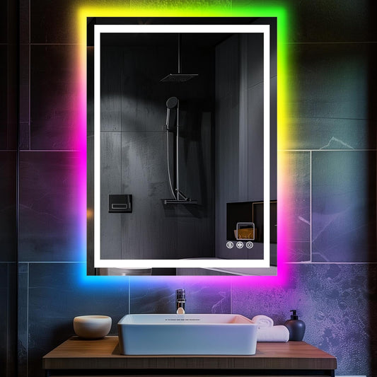 28X20 Inch RGB LED Bathroom Mirror Front Light LED Bathroom Mirror with 3 Colors, Vanity Mirror with Lights, Anti-Fog Wall Mounted, Dimmable Touch Switch Control, Memory Front and Backlit Smart Mirror